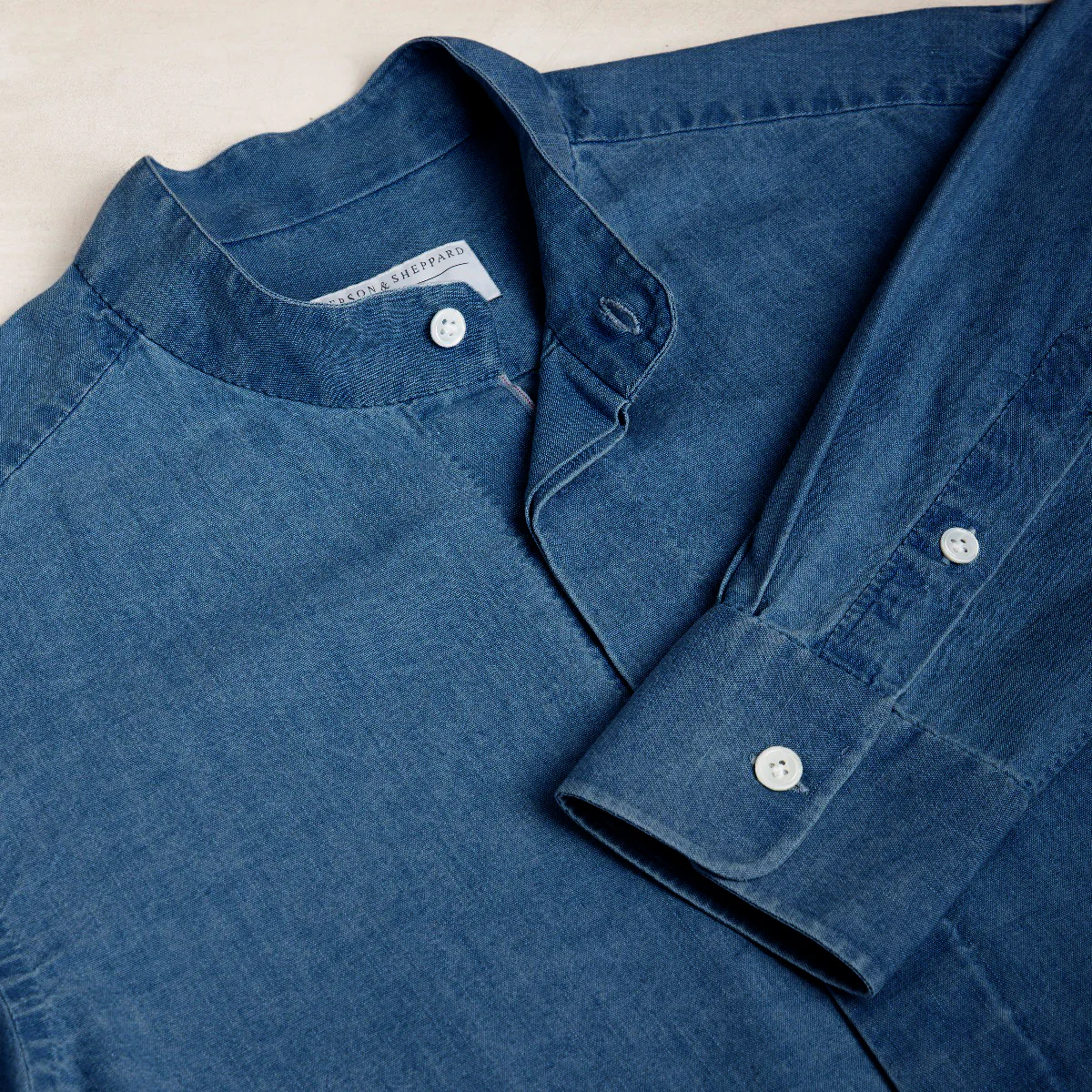 100 Hands For Anderson & Sheppard Handmade Collarless Chambray Shirt In Mid Blue - Image 3