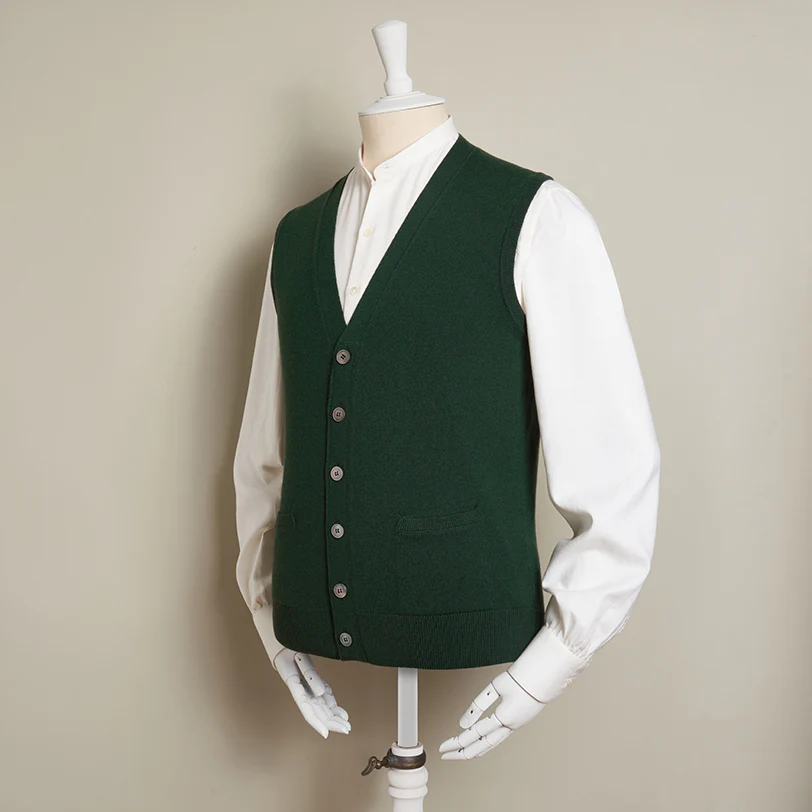 12-Gauge Cashmere Blend Waistcoat With Pockets In Dark Green - Image 2