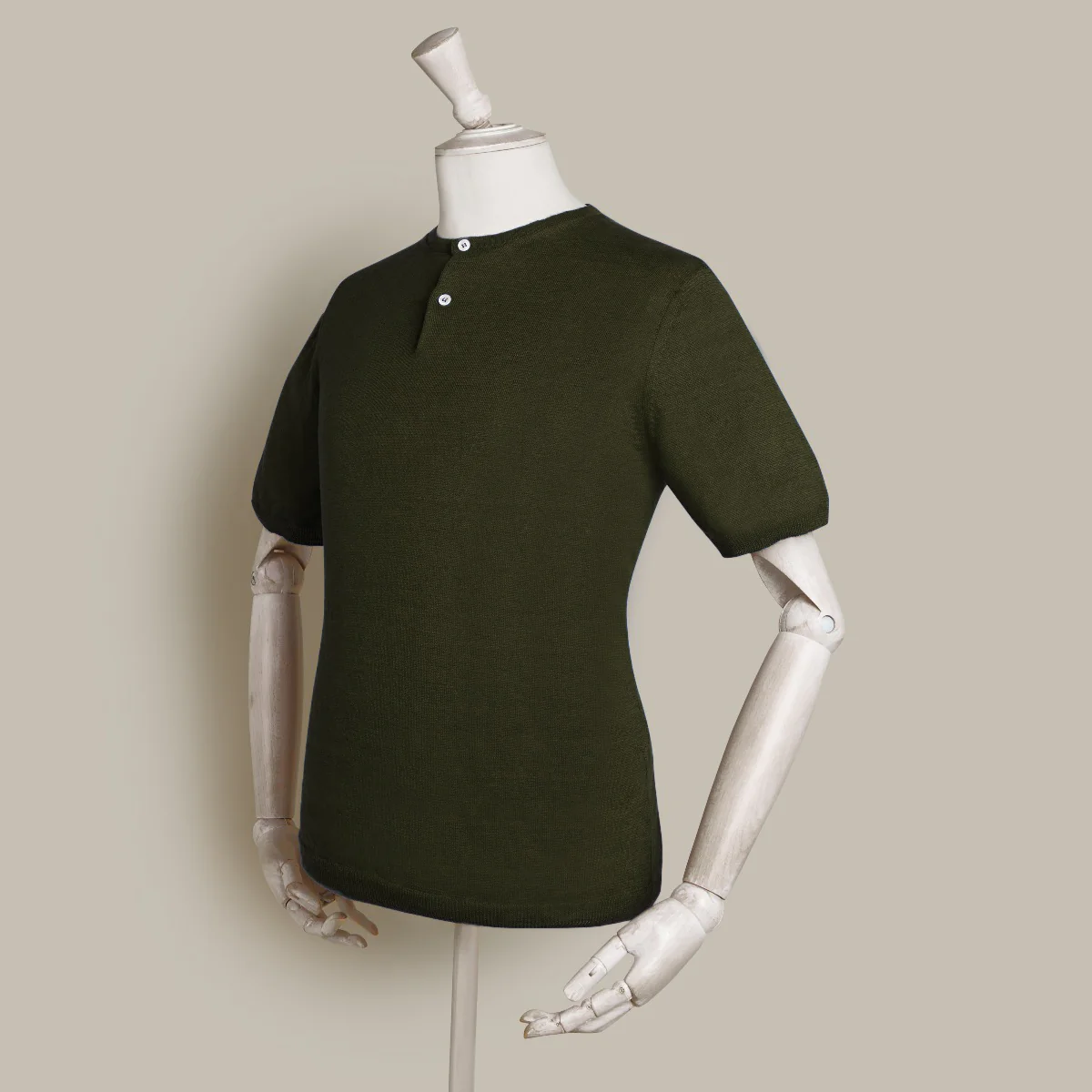 Short Sleeve Knitted Linen Henley Shirt In Khaki - Image 4