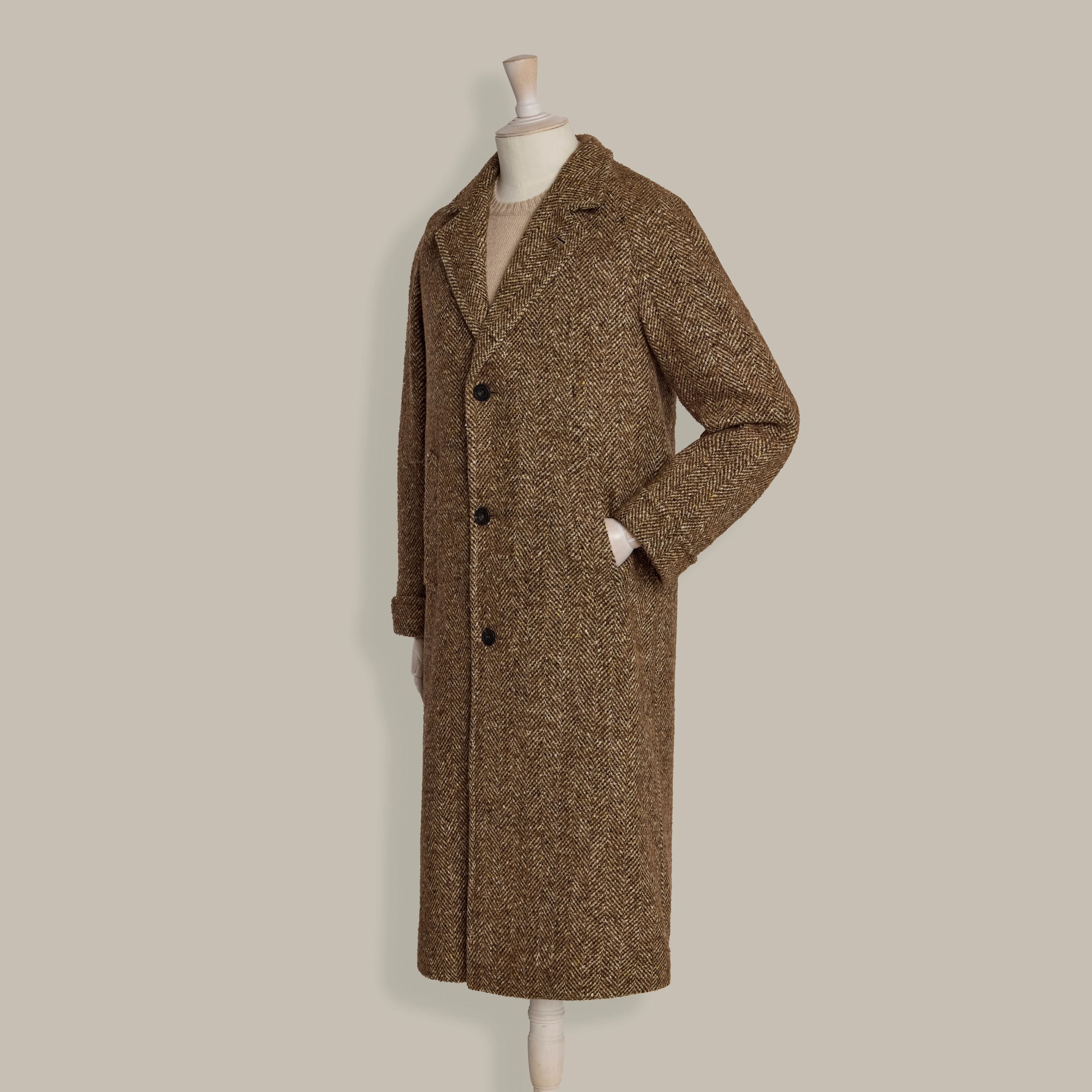 Herringbone Wool and Alpaca Overcoat in Toast - Image 8