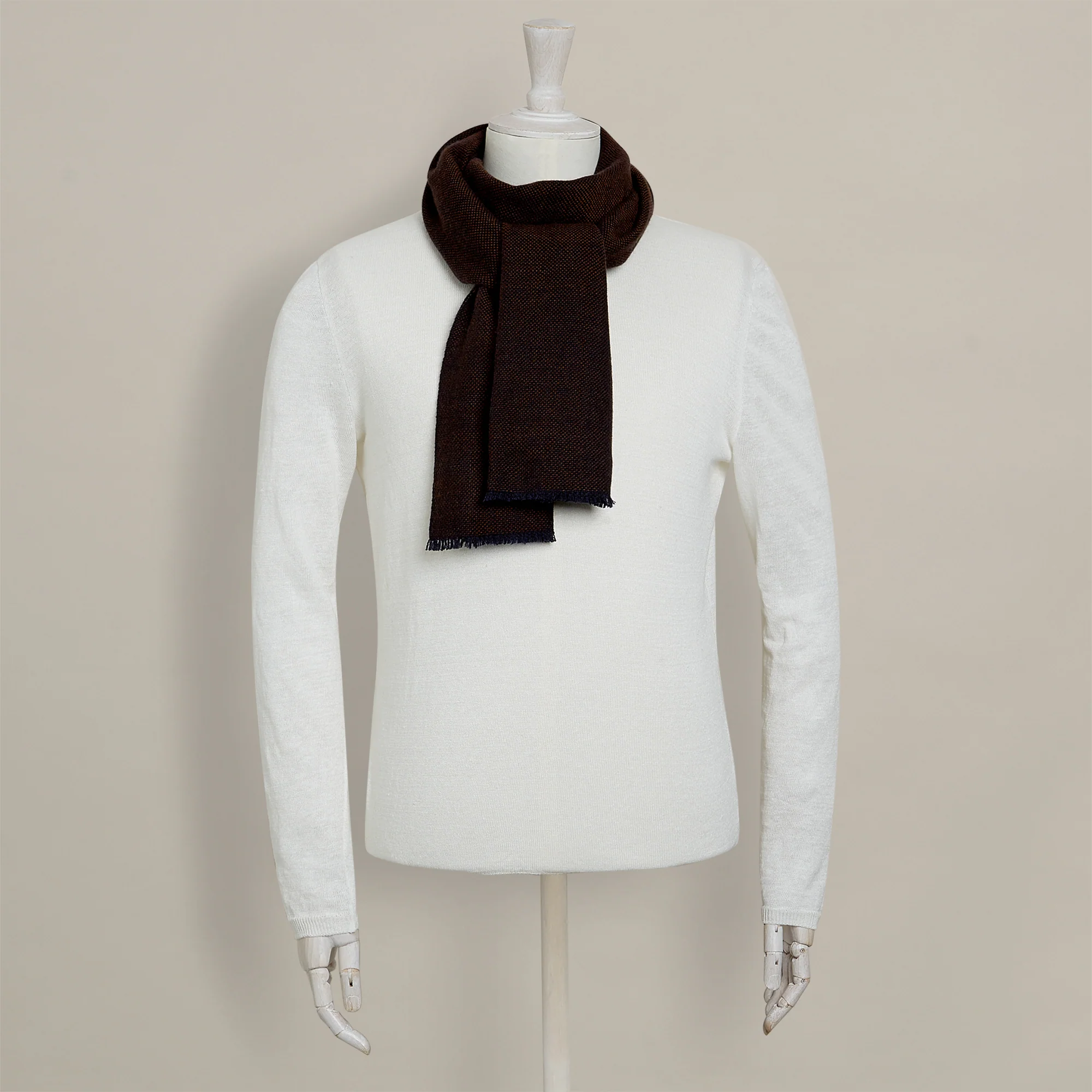 Cashmere Birds-Eye Weave Scarf In Navy and Brown - Image 2