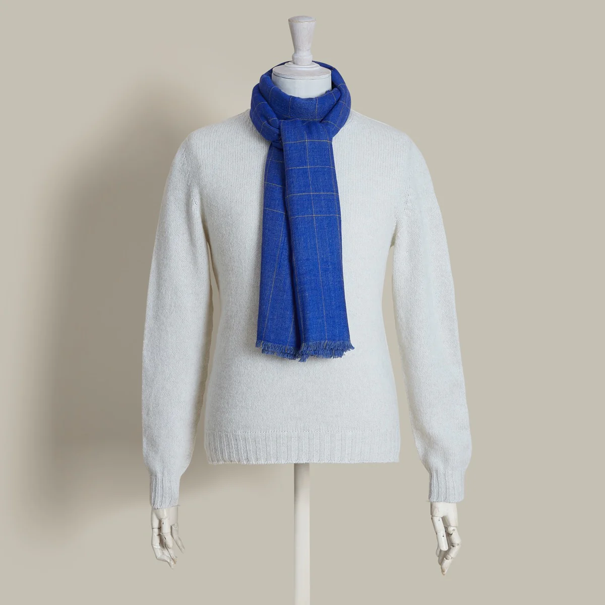 Windowpane Check Cashmere Scarf In Blue And Yellow - Image 2