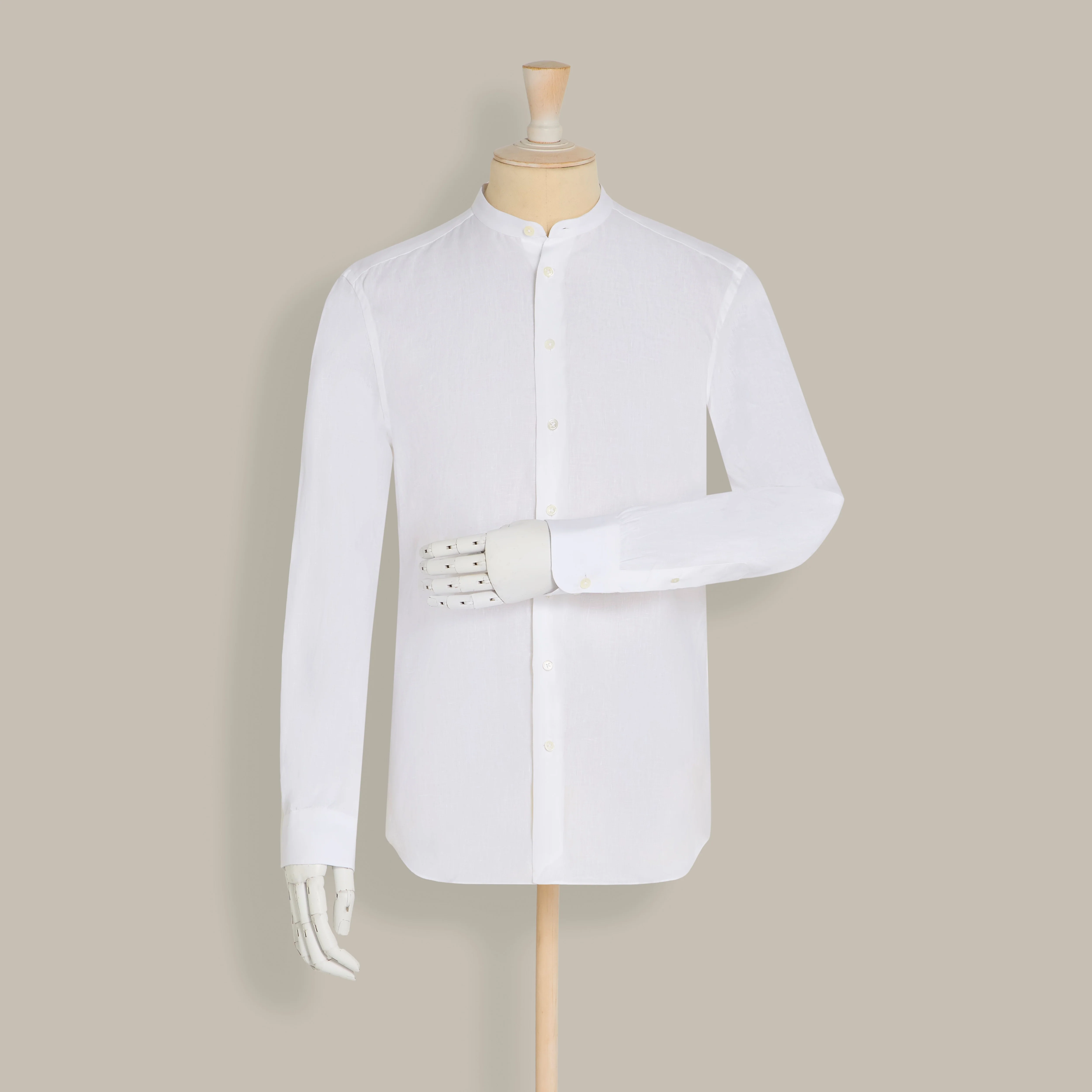 Collarless Linen Shirt with Button Front in White