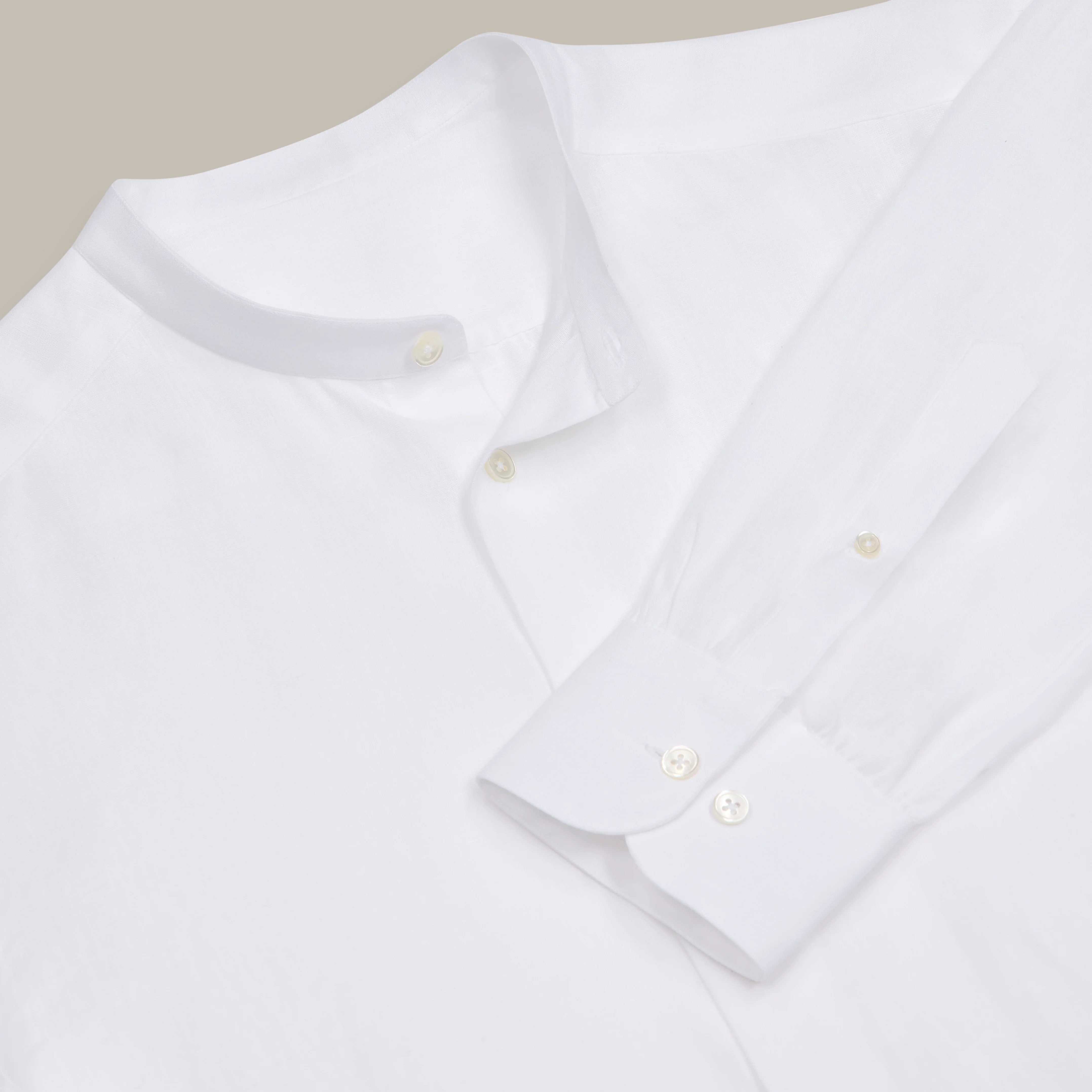 Collarless Linen Shirt with Button Front in White - Image 2