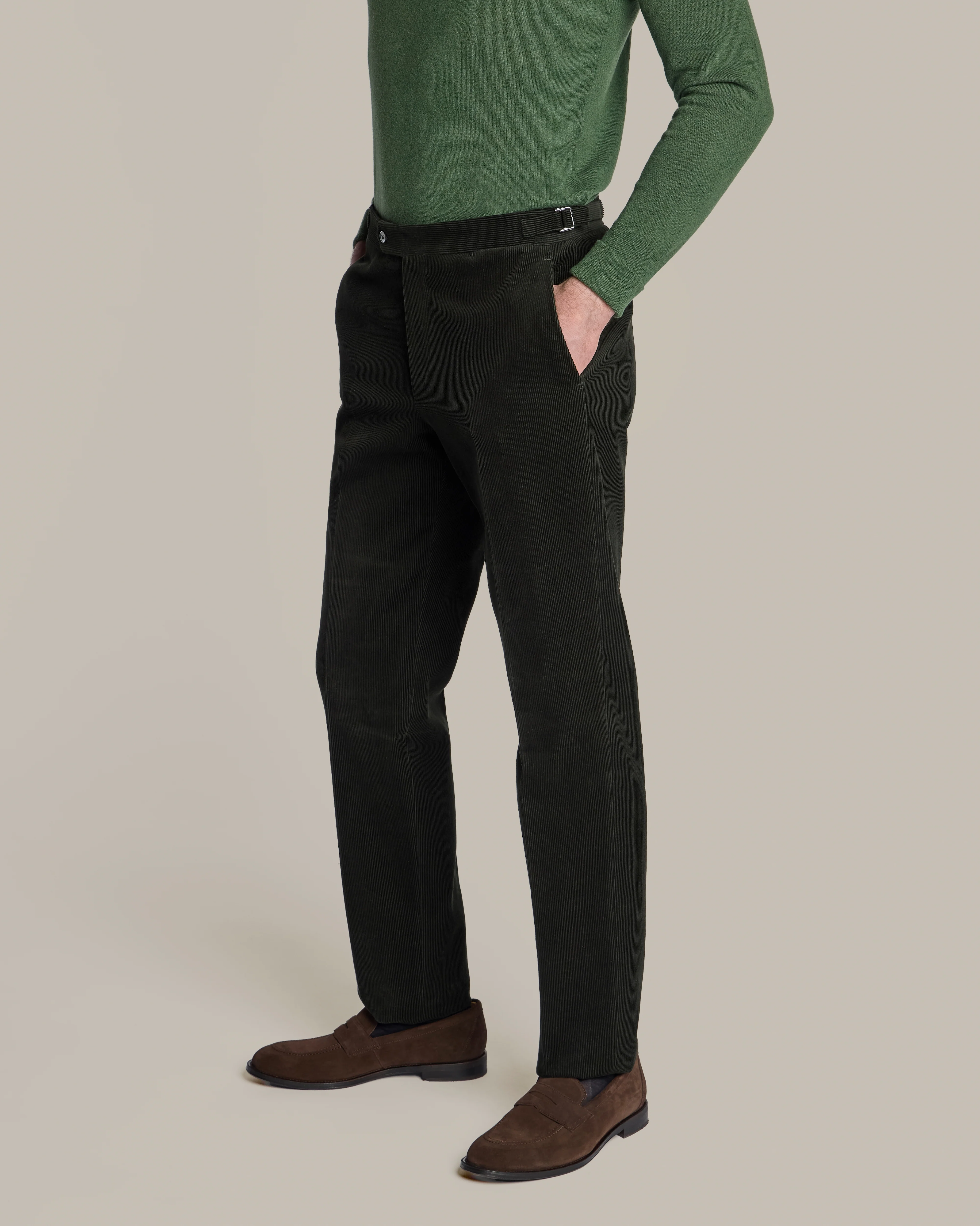 Double Breasted Corduroy Unstructured Suit in Dark Green - Image 6