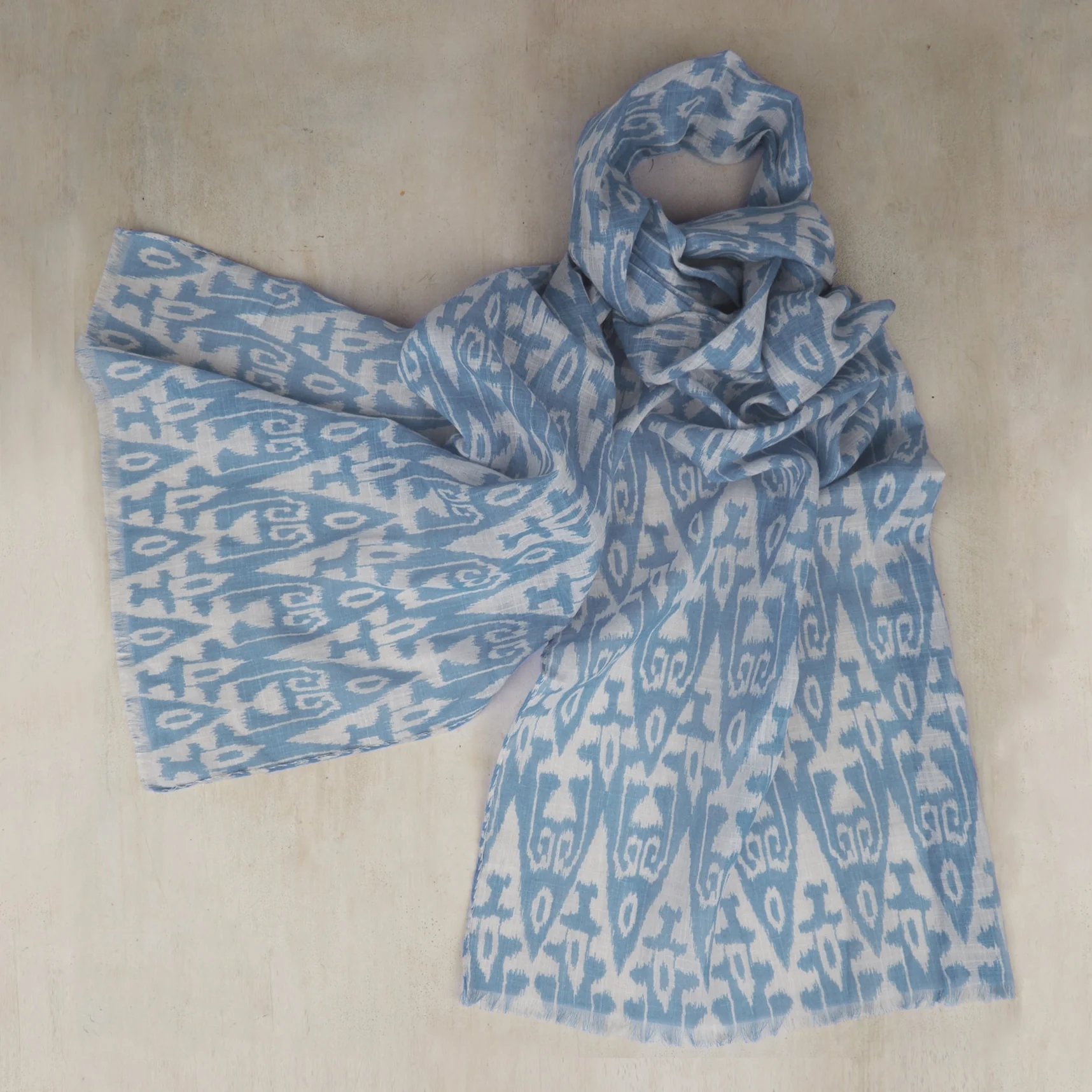 Cotton Ikat Scarf in Sky and White