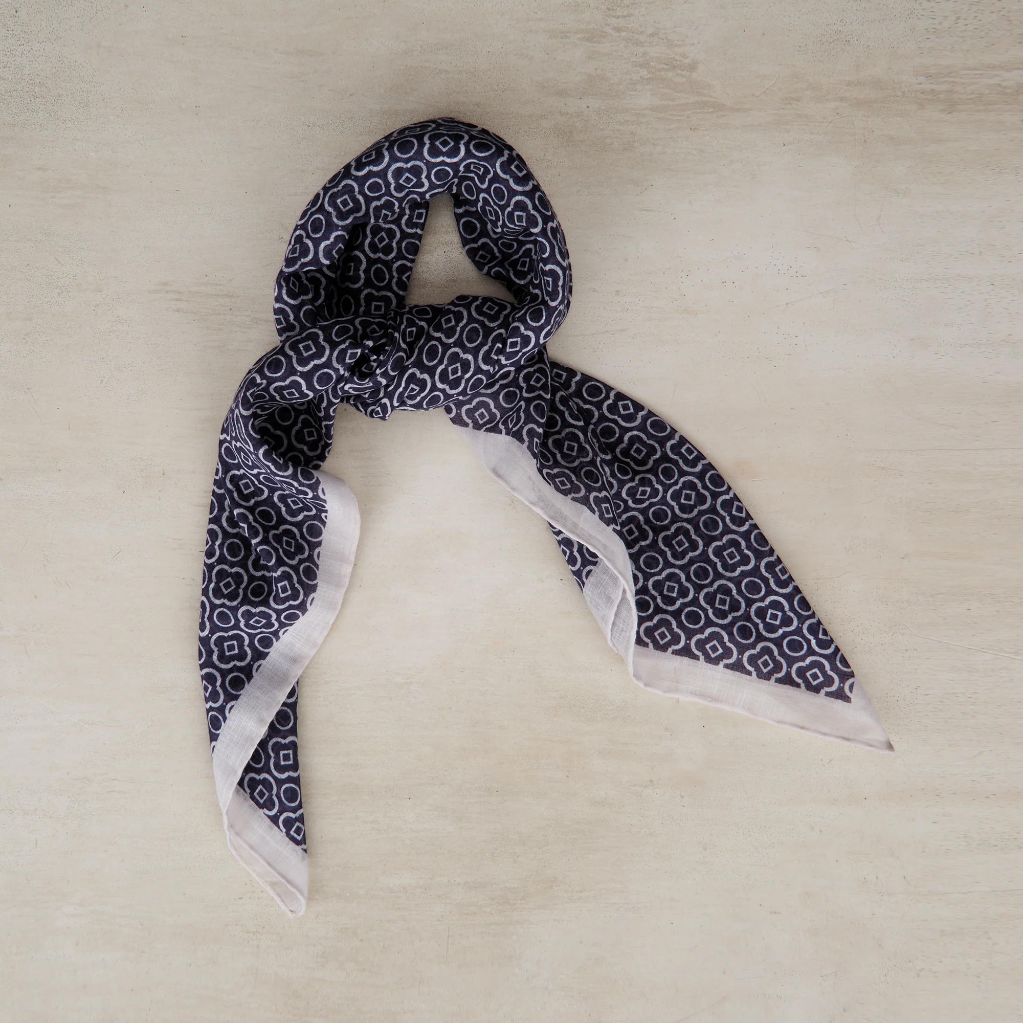 Cotton Mosaic Print Neckerchief In Navy and White