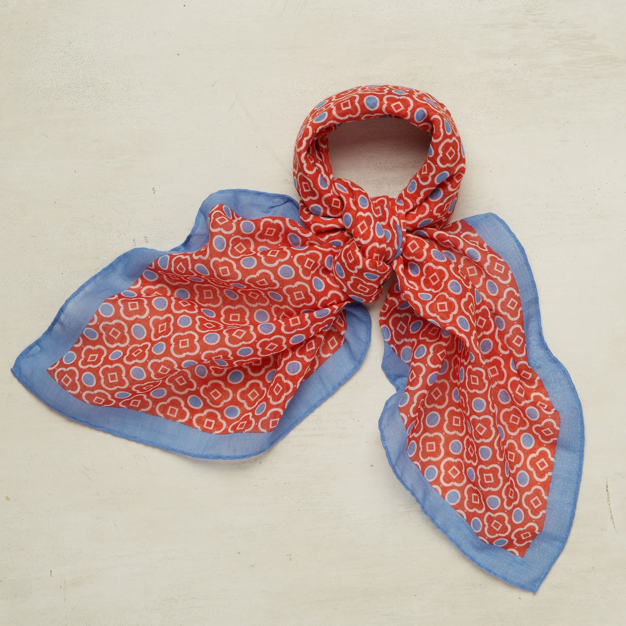 Cotton Mosaic Print Neckerchief In Red and Sky