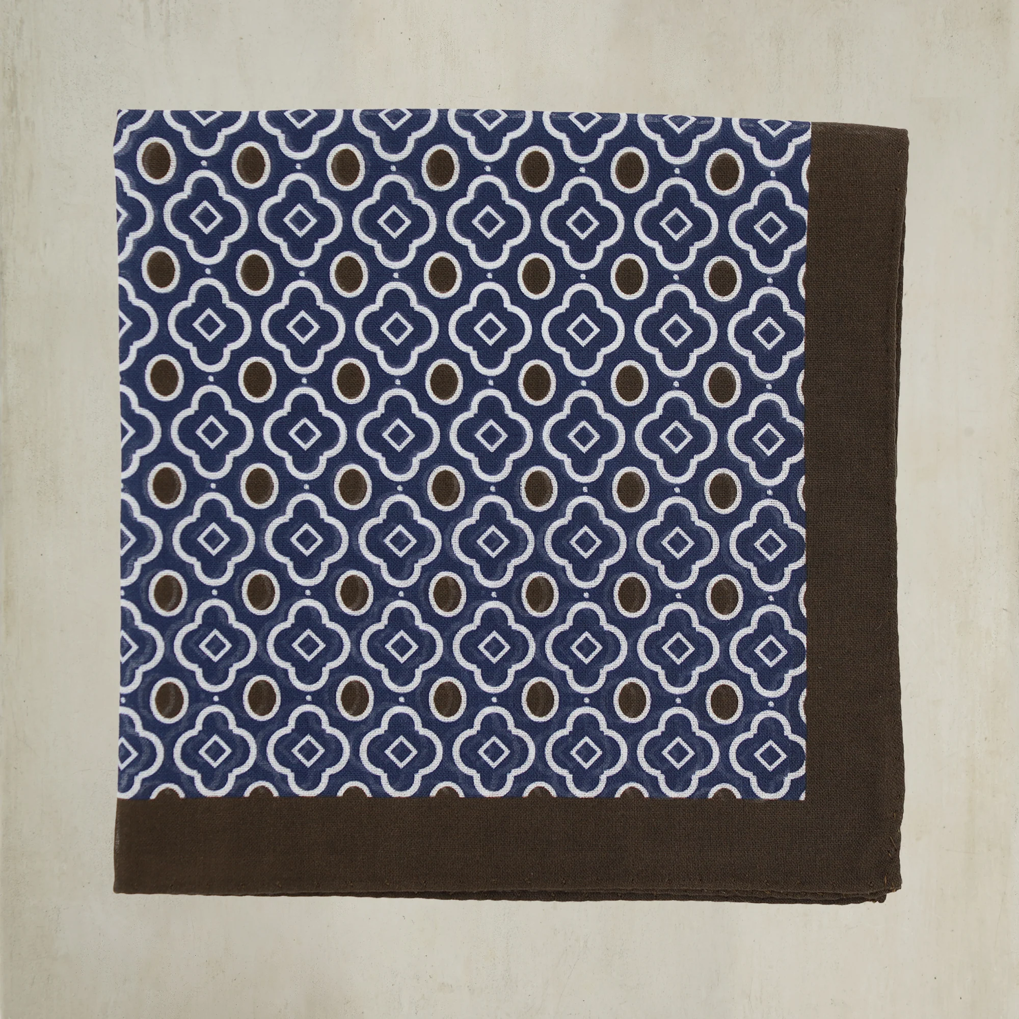 Cotton Mosaic Pocket Square in Navy and Brown - Image 2
