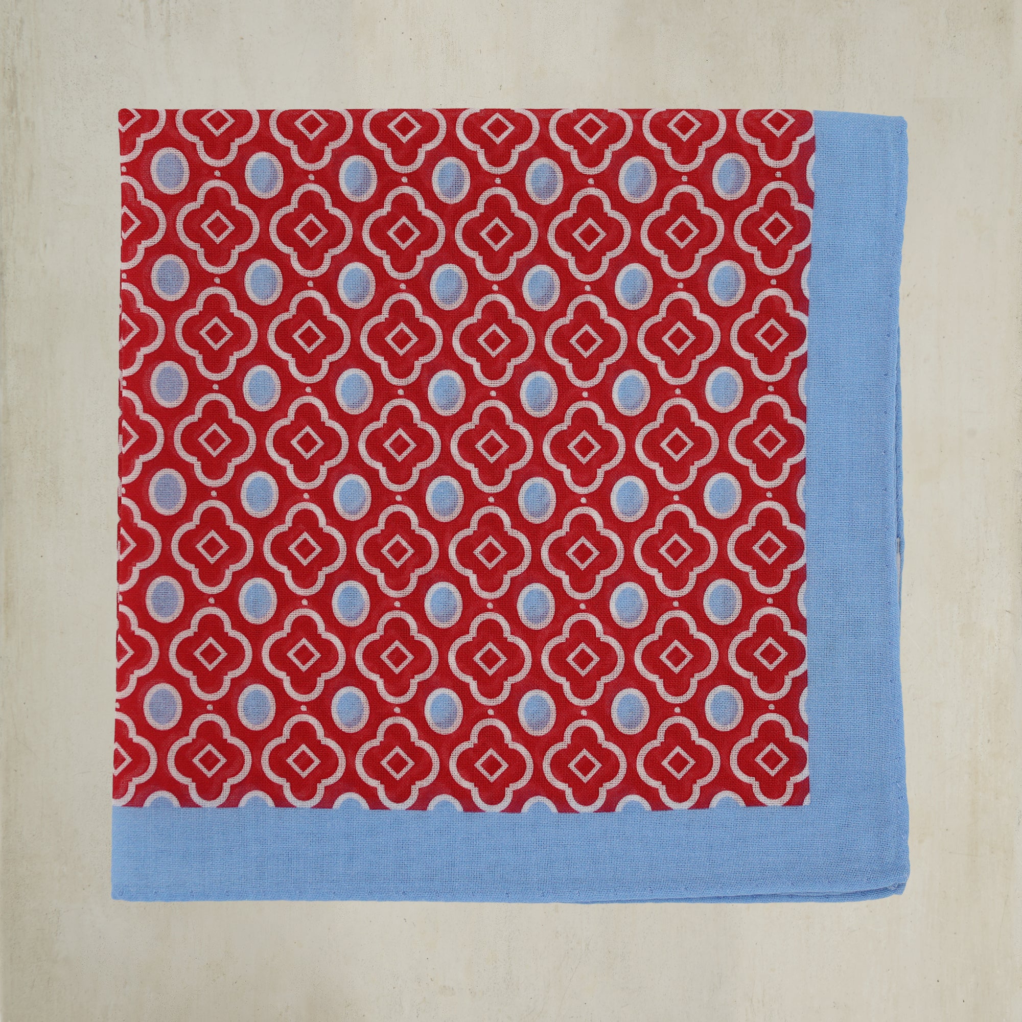 Cotton Mosaic Pocket Square in Red and Sky - Image 2