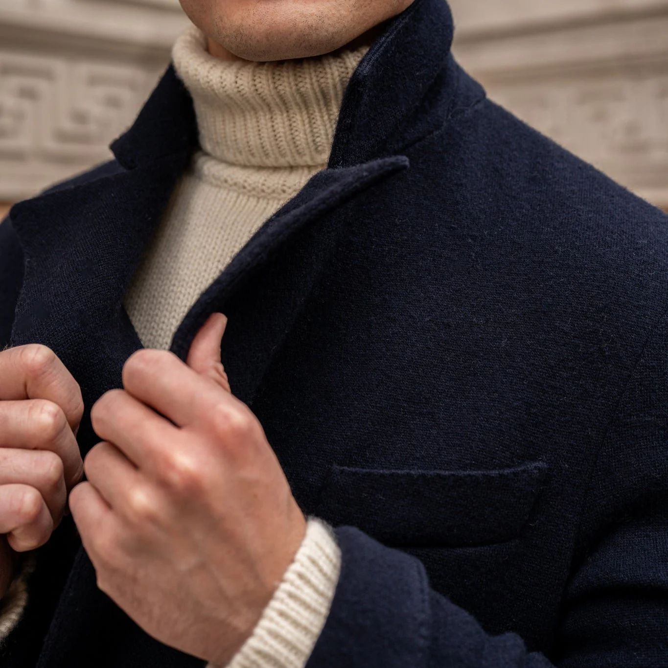Double Breasted Cashmere Blend Unstructured Knitted Blazer in Navy - Image 2