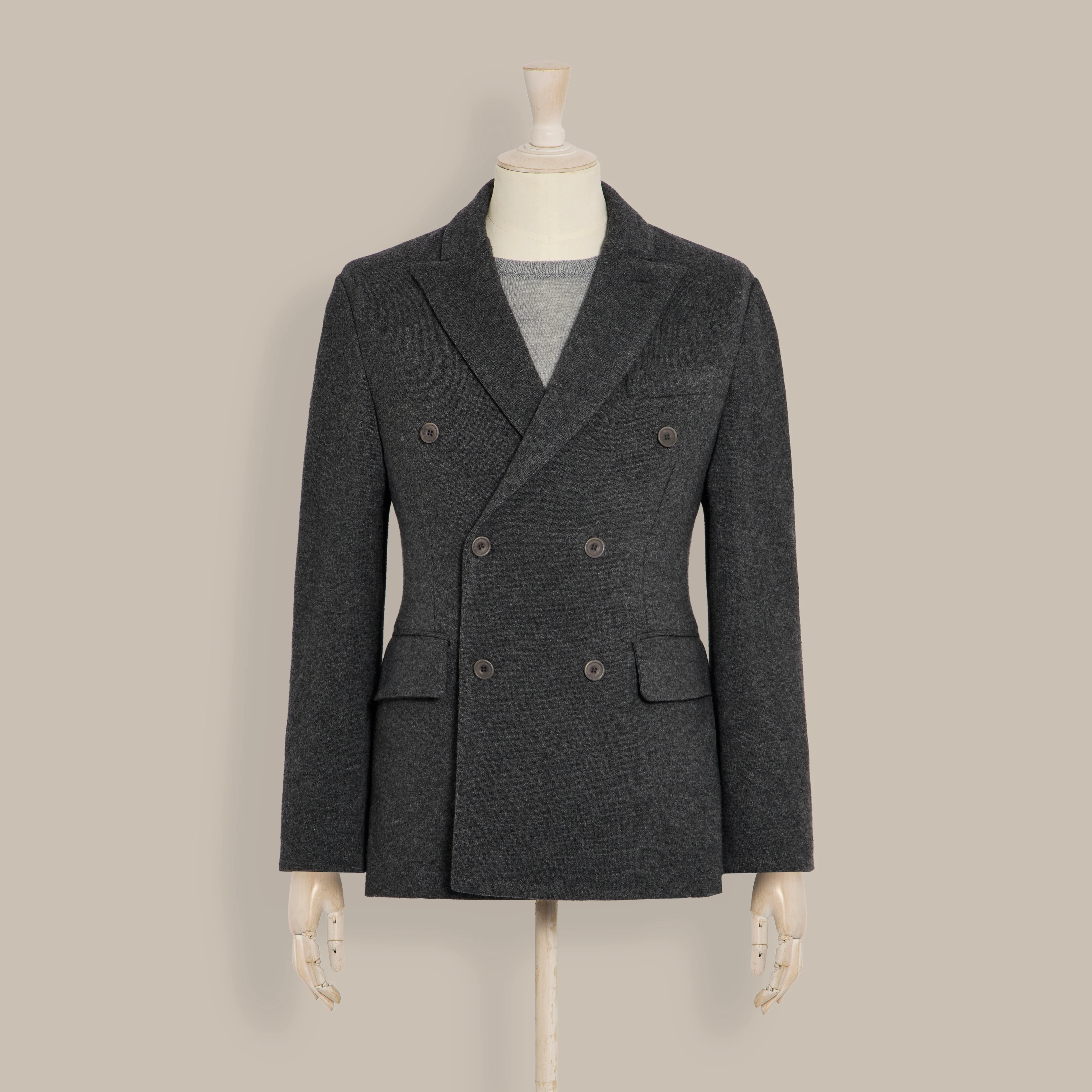 Double Breasted Cashmere Blend Unstructured Knitted Blazer in Grey