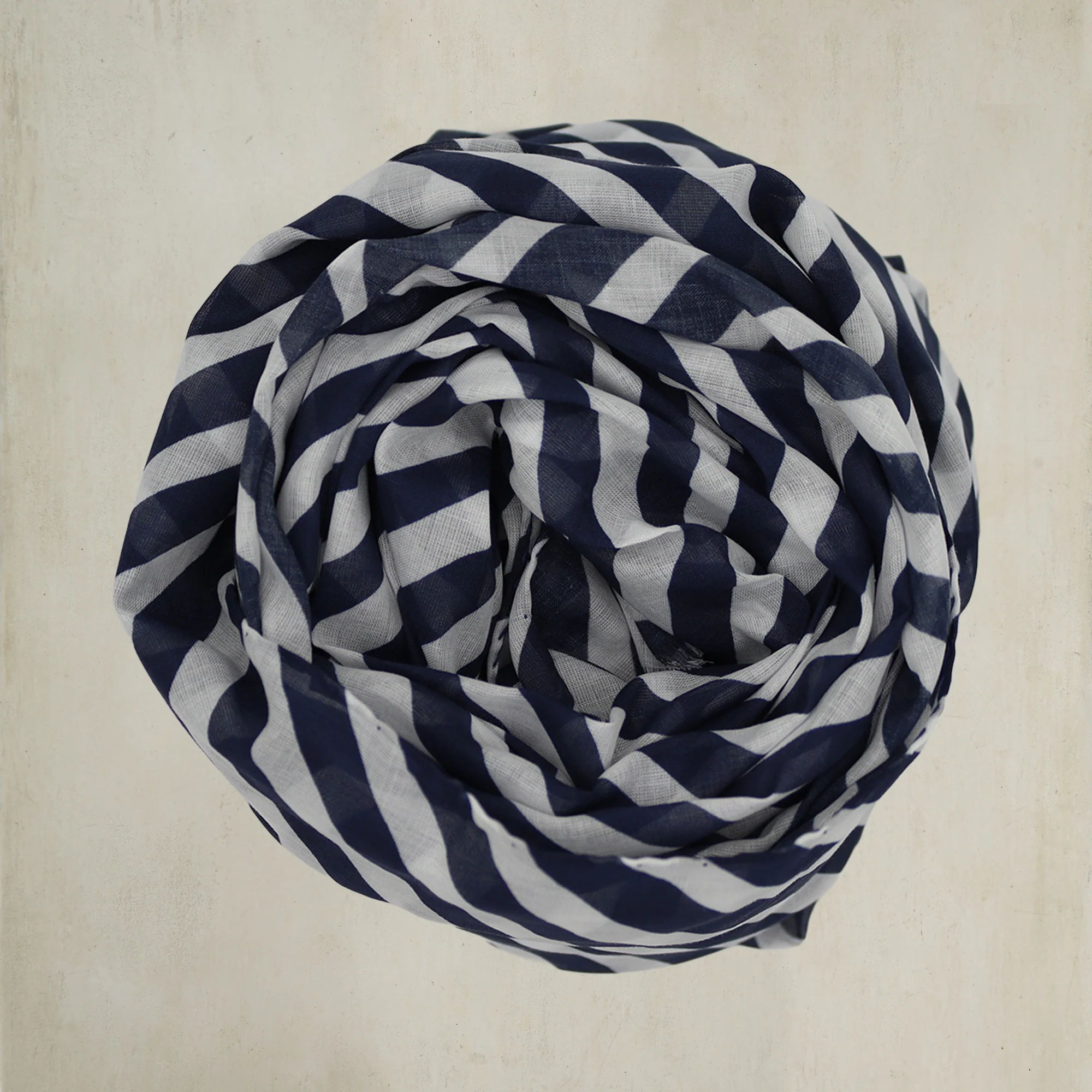 Diagonal Print Small Cotton Scarf in Navy