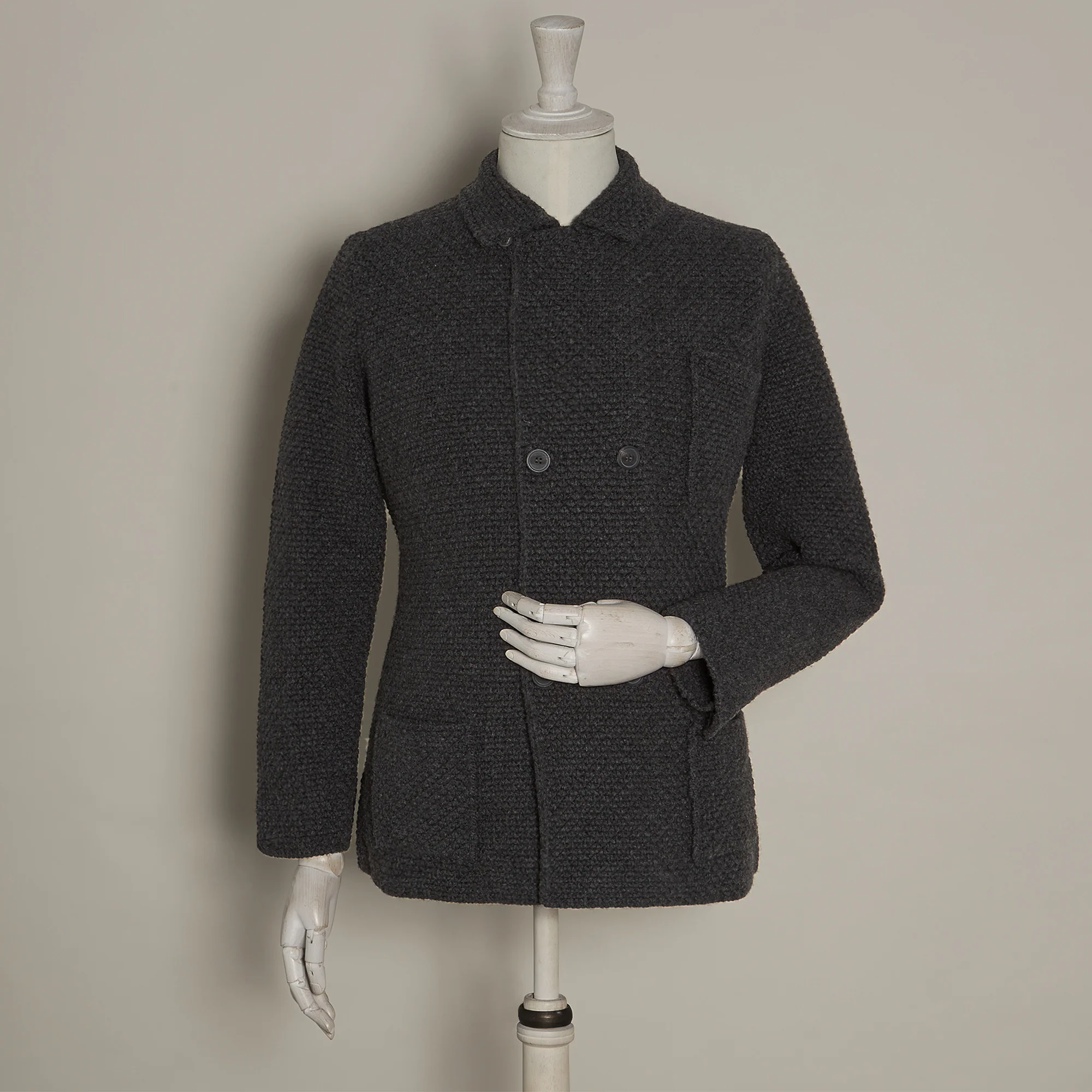Double Breasted Cashmere and Merino Knitted Jacket In Charcoal