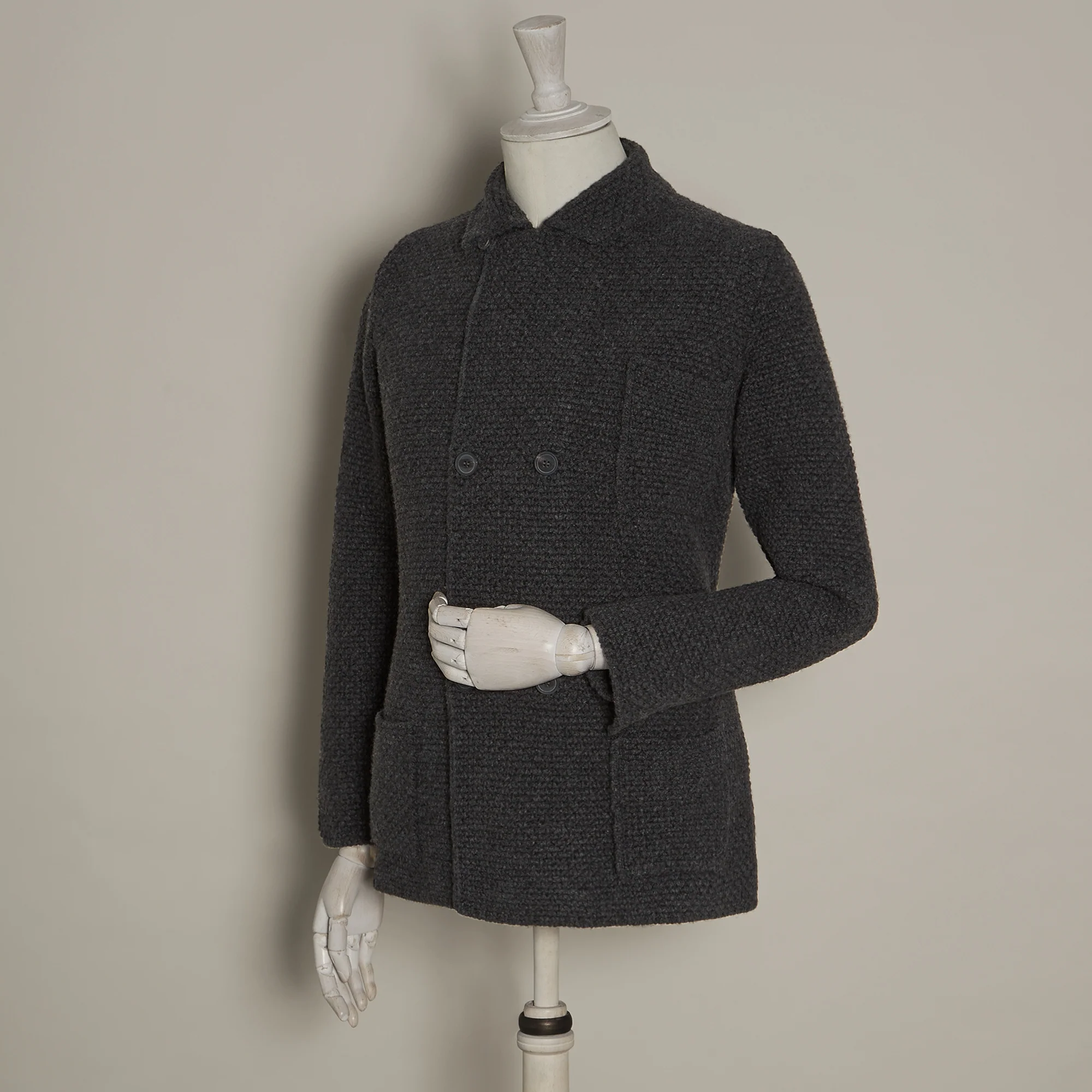 Double Breasted Cashmere and Merino Knitted Jacket In Charcoal - Image 2