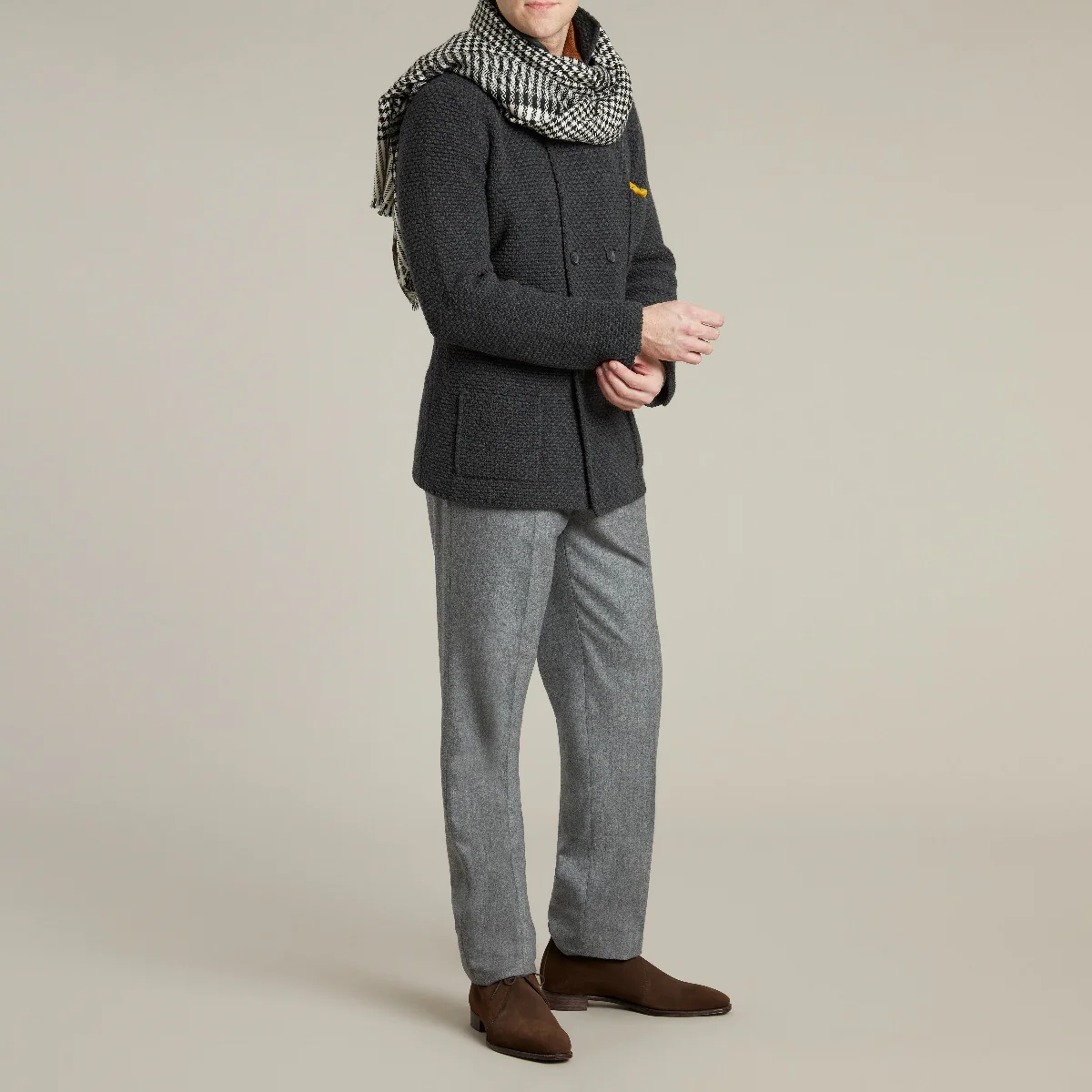Double Breasted Cashmere and Merino Knitted Jacket In Charcoal - Image 4