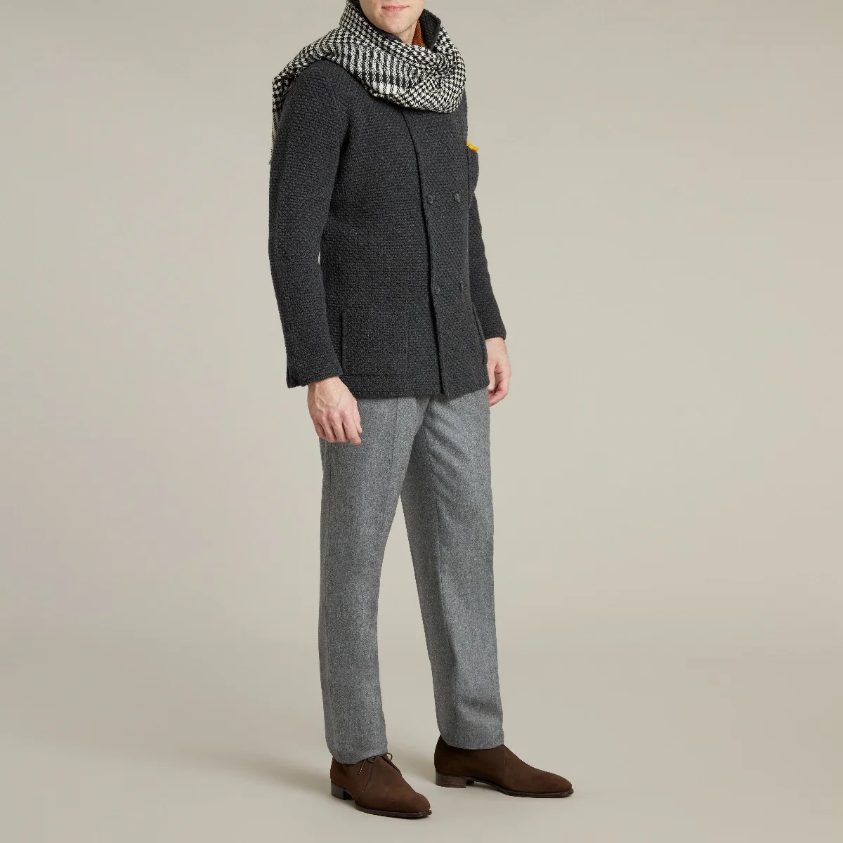 Double Breasted Cashmere and Merino Knitted Jacket In Charcoal - Image 5