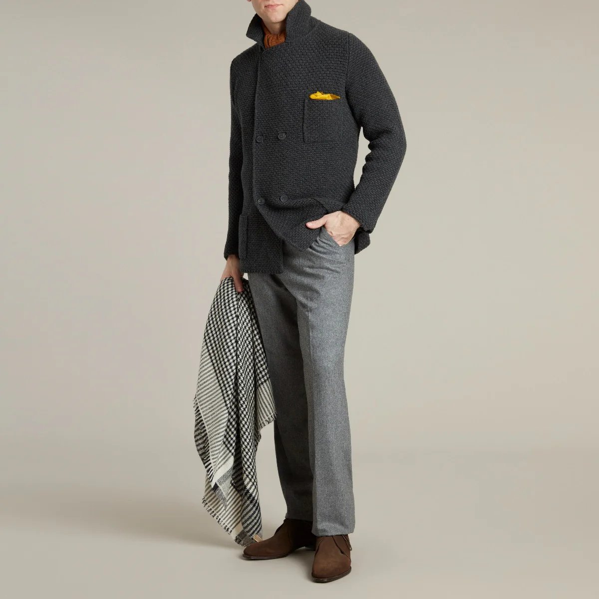 Double Breasted Cashmere and Merino Knitted Jacket In Charcoal - Image 6