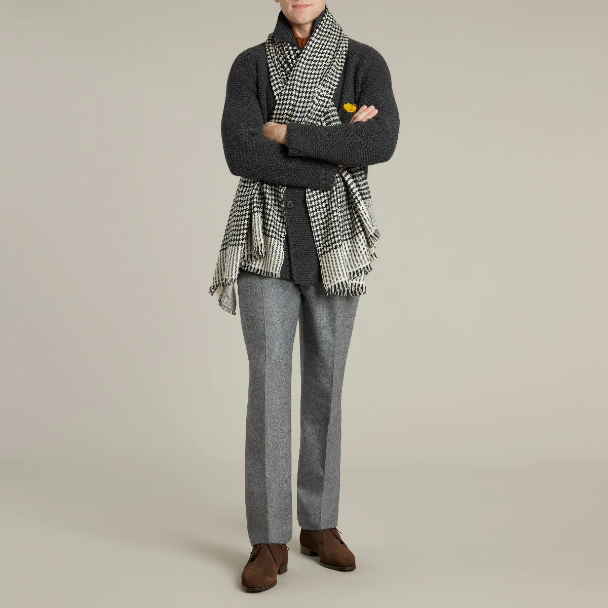 Double Breasted Cashmere and Merino Knitted Jacket In Charcoal - Image 7