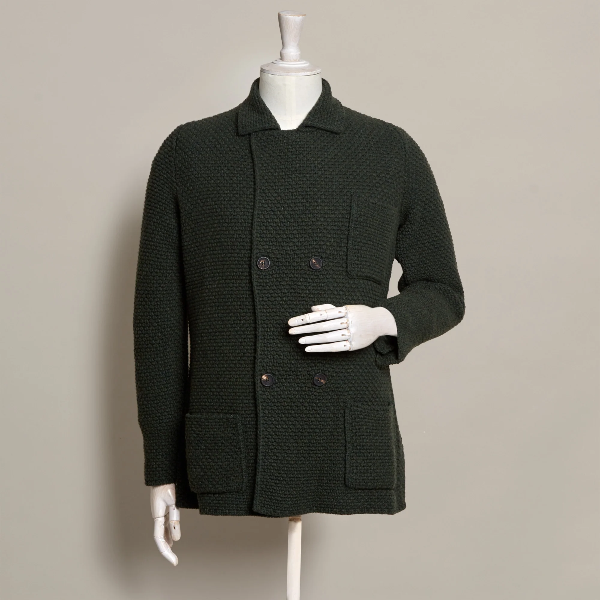 Double Breasted Cashmere and Merino Knitted Jacket In Dark Green
