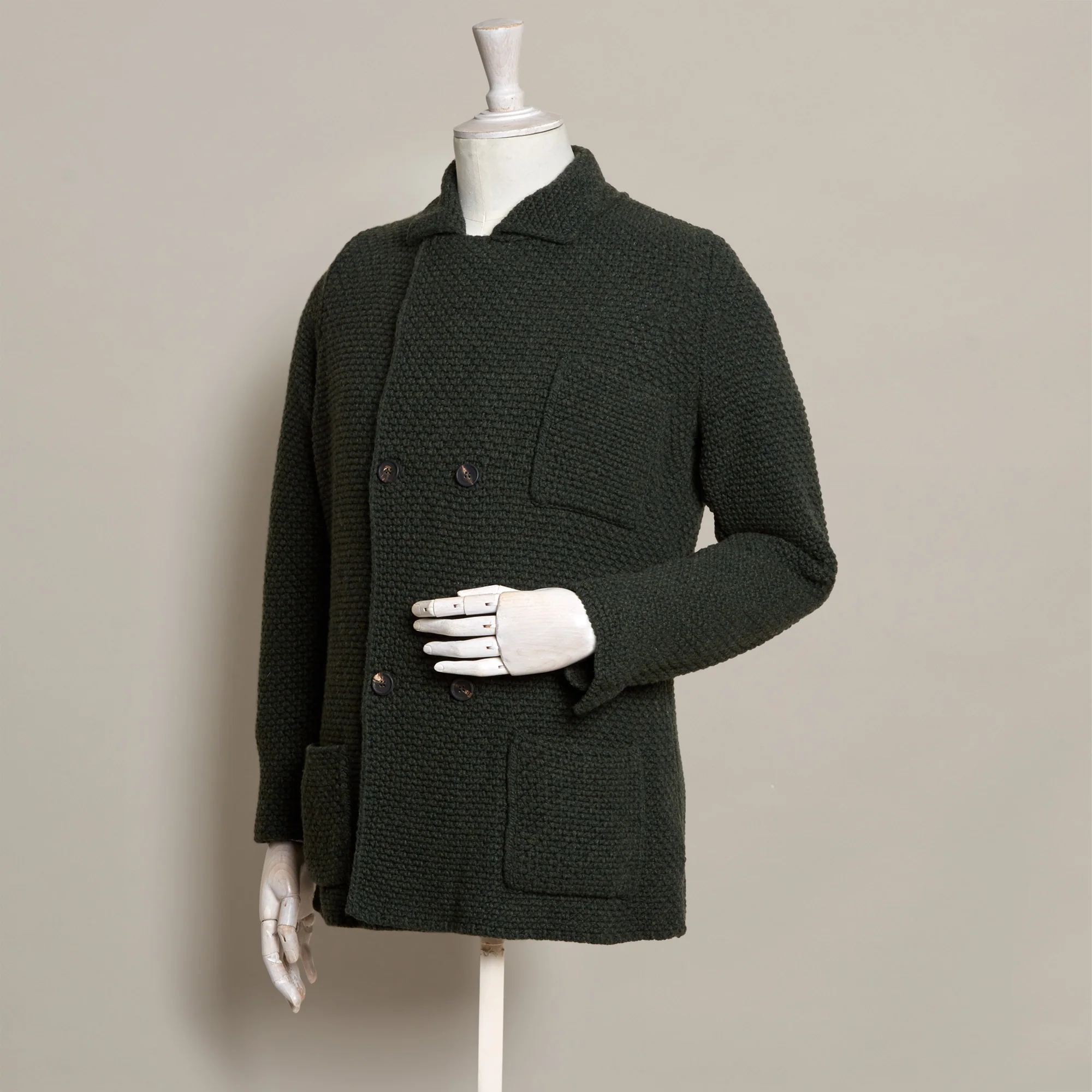 Double Breasted Cashmere and Merino Knitted Jacket In Dark Green - Image 2