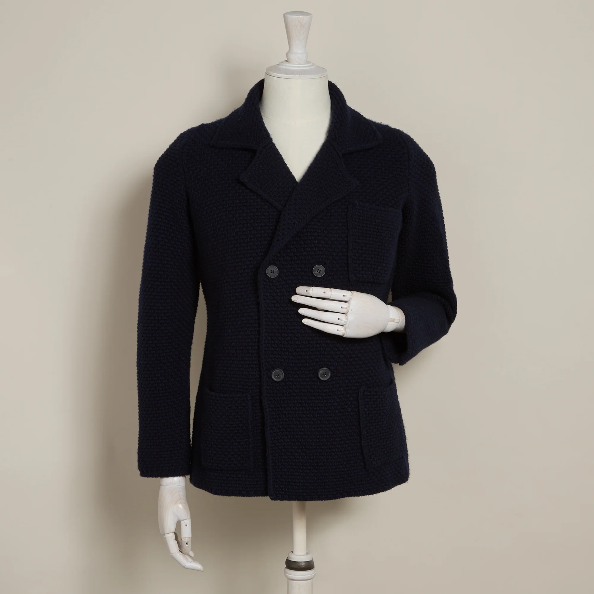 Double Breasted Cashmere and Merino Knitted Jacket In Navy