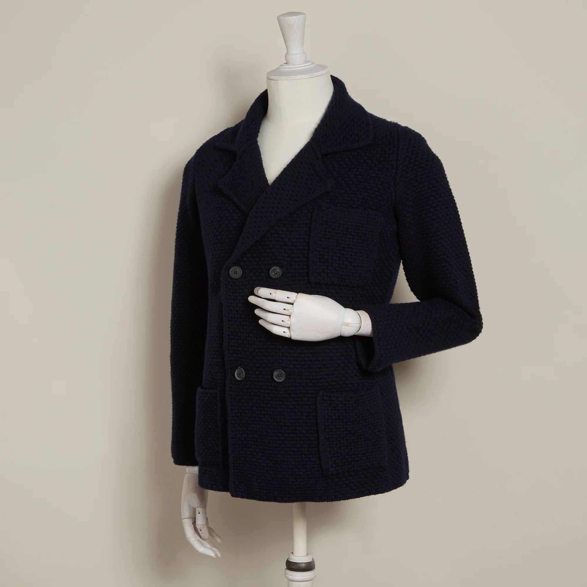 Double Breasted Cashmere and Merino Knitted Jacket In Navy - Image 2