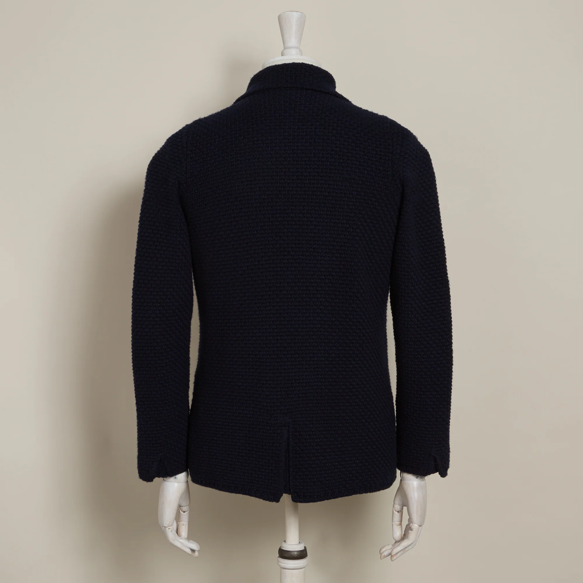 Double Breasted Cashmere and Merino Knitted Jacket In Navy - Image 3