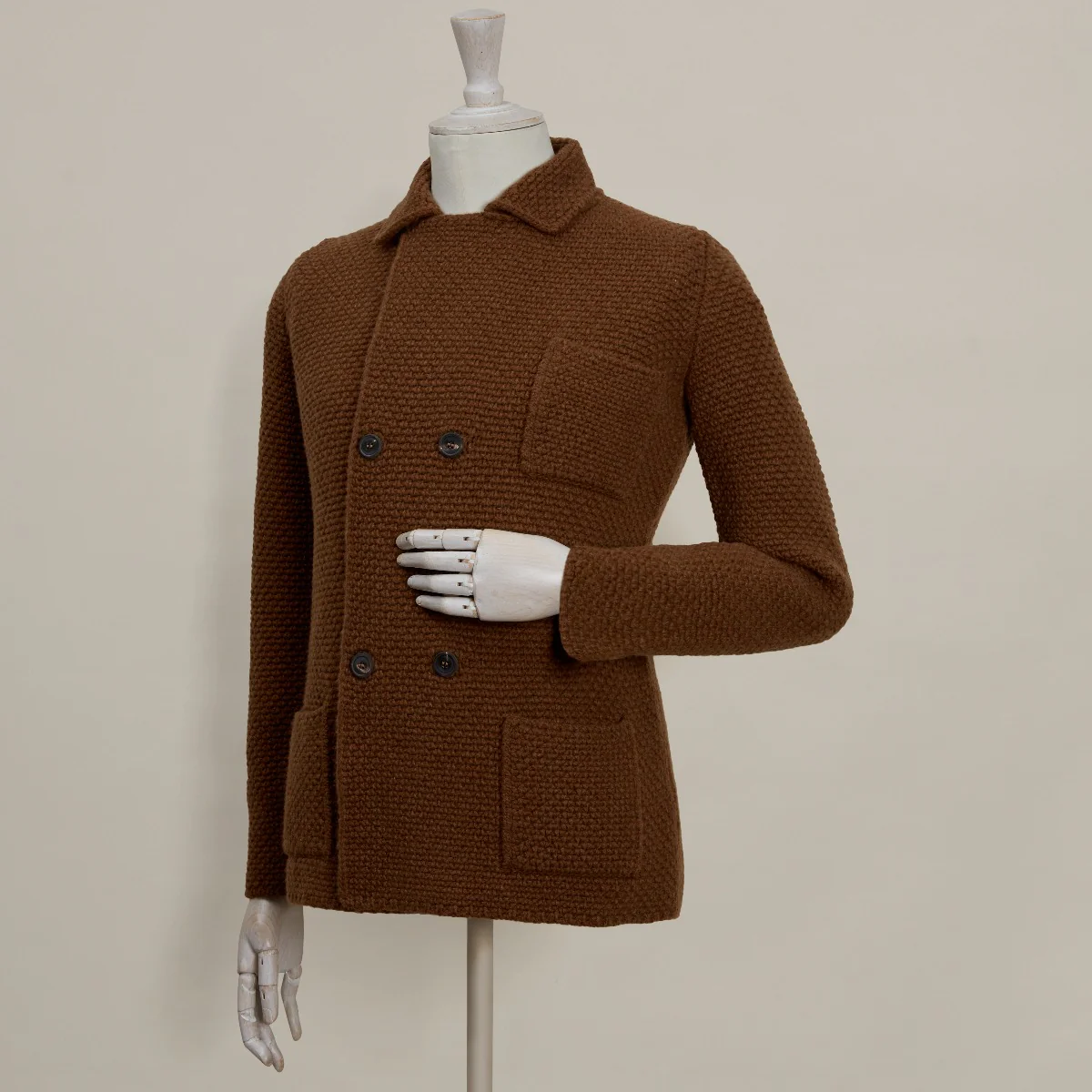 Double Breasted Cashmere and Merino Knitted Jacket In Tobacco - Image 3