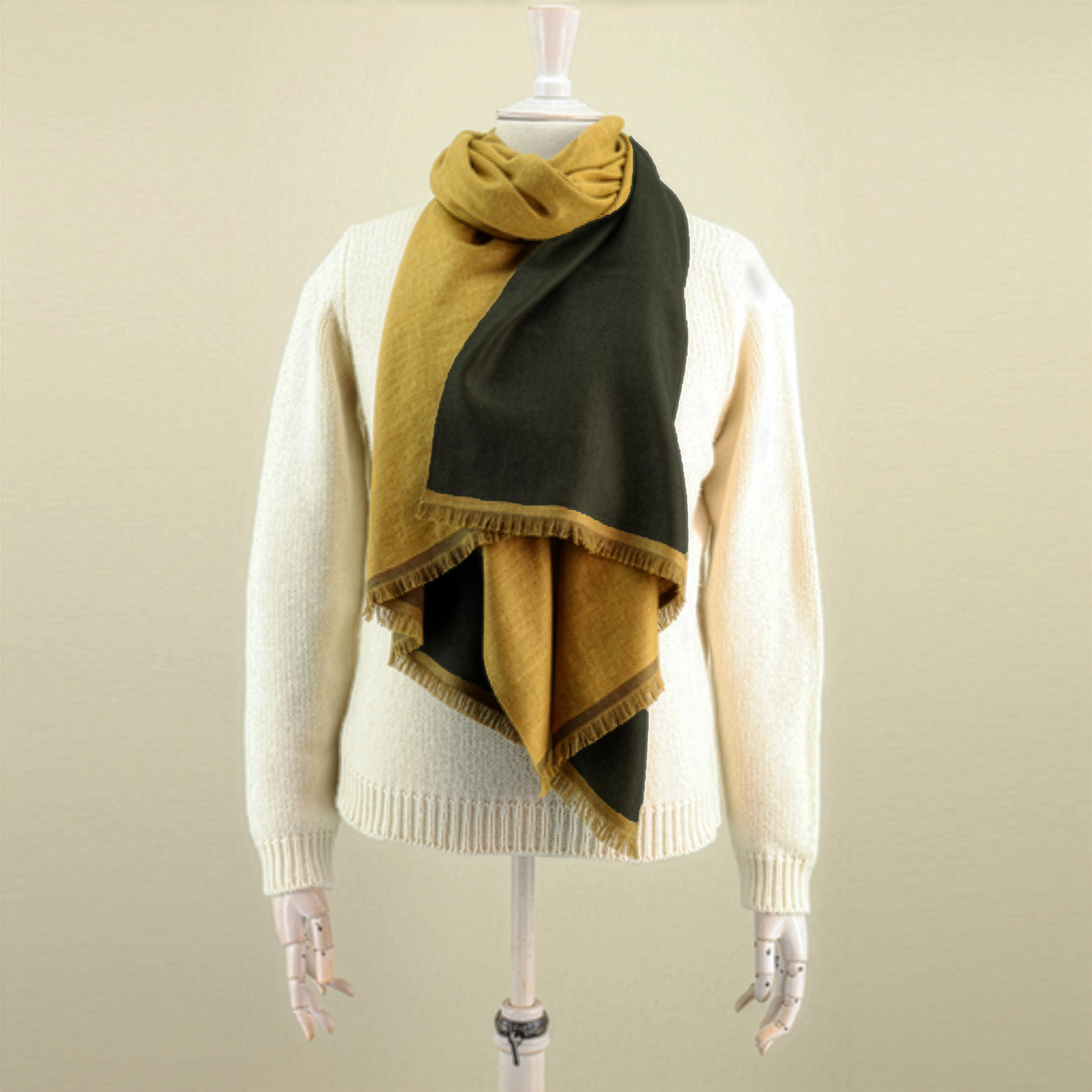 Double Sided Cashmere Scarf In Khaki And Yellow