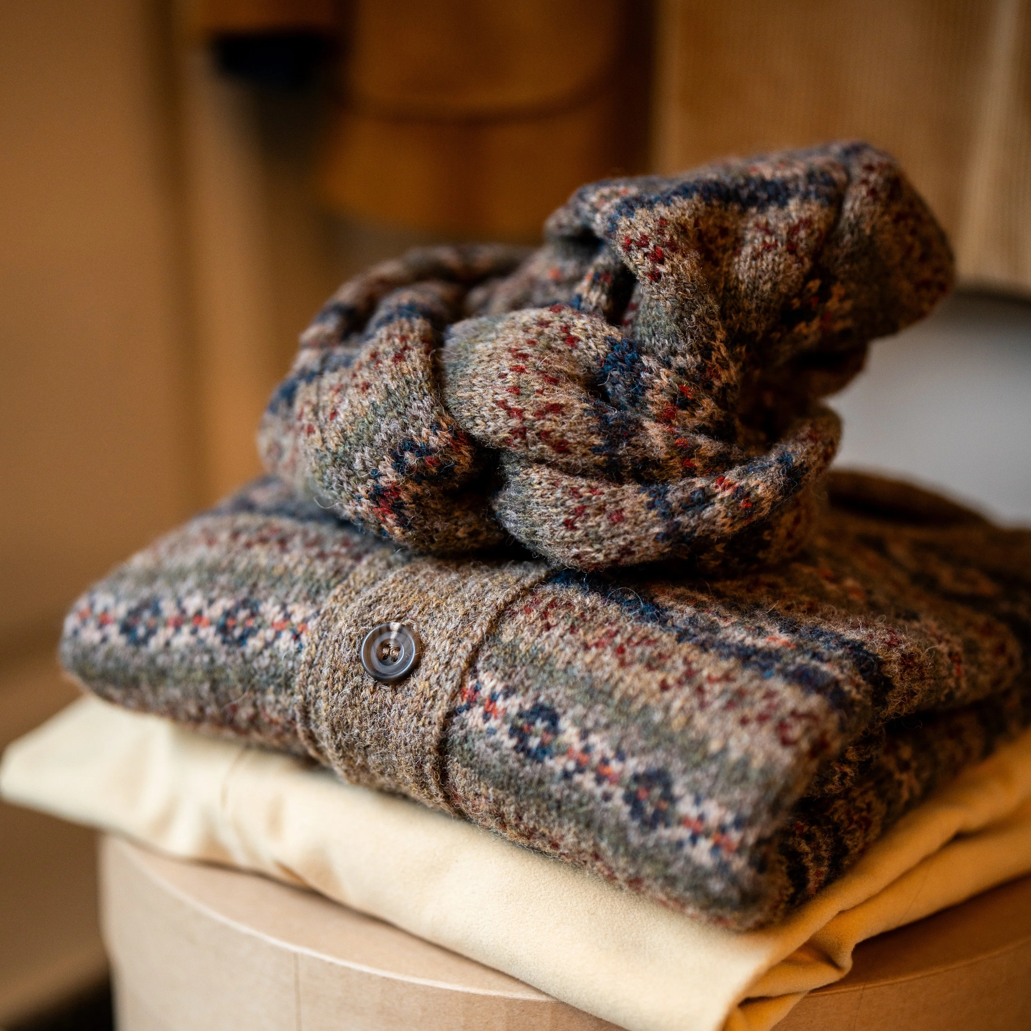 Fair Isle Shawl Collar Cardigan in Light Brown - Image 2