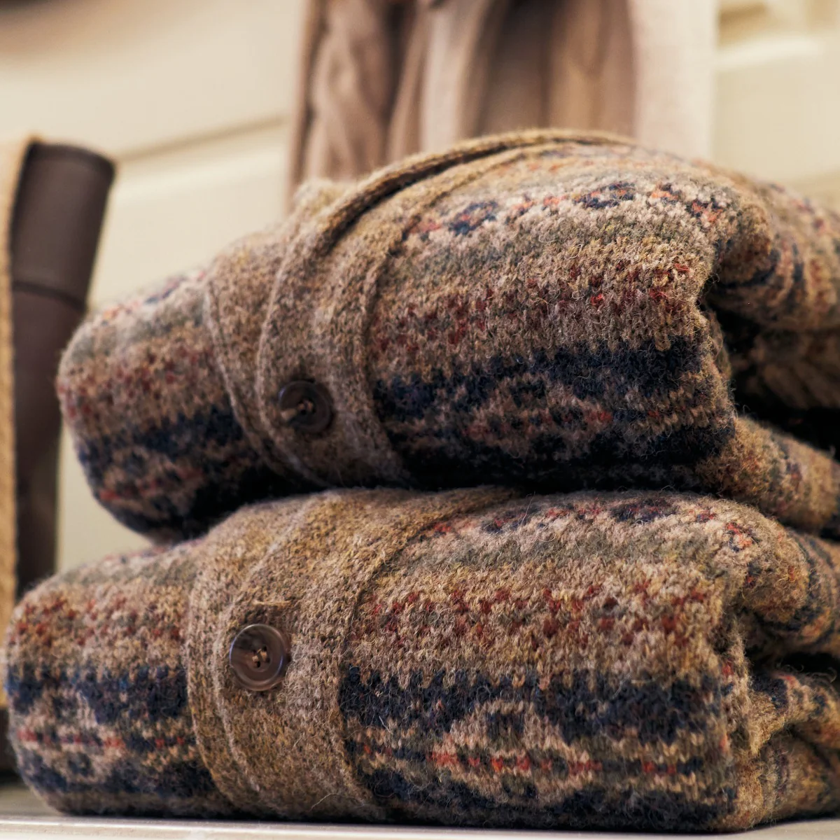 Fair Isle Shawl Collar Cardigan in Light Brown - Image 3