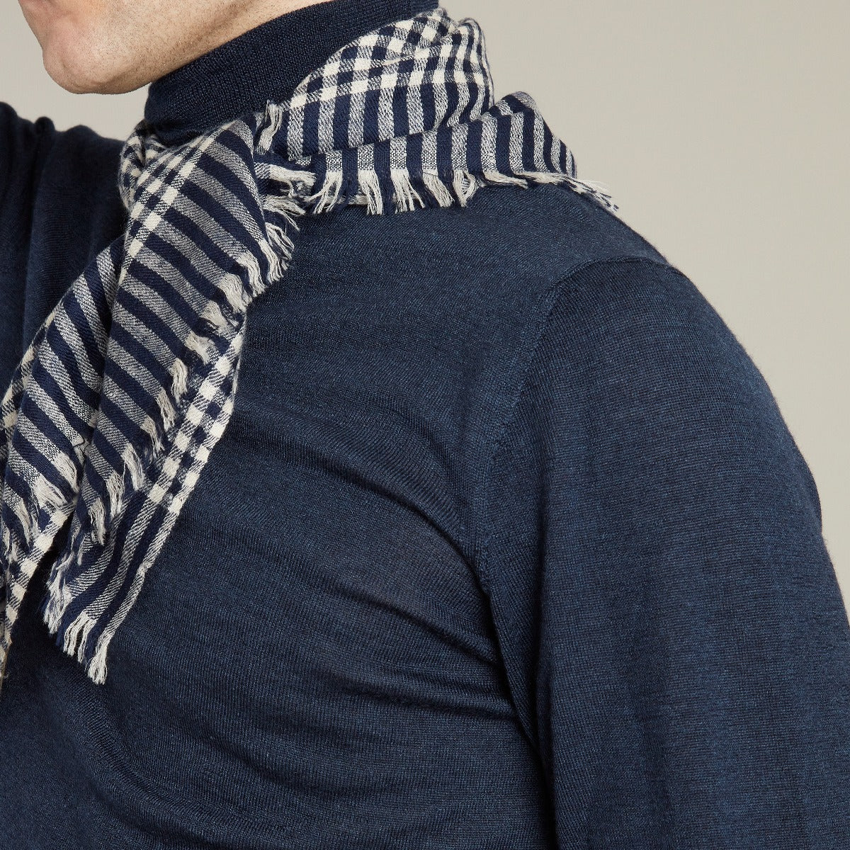 Cashmere Neckerchief With Gingham Print In Navy And Ecru - Image 2