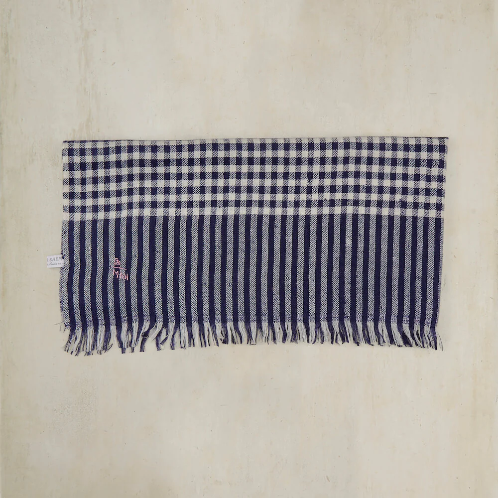 Cashmere Neckerchief With Gingham Print In Navy And Ecru - Image 4