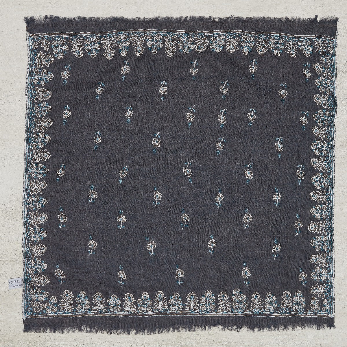 Hand-Embroidered Cashmere Pocket Square In Grey