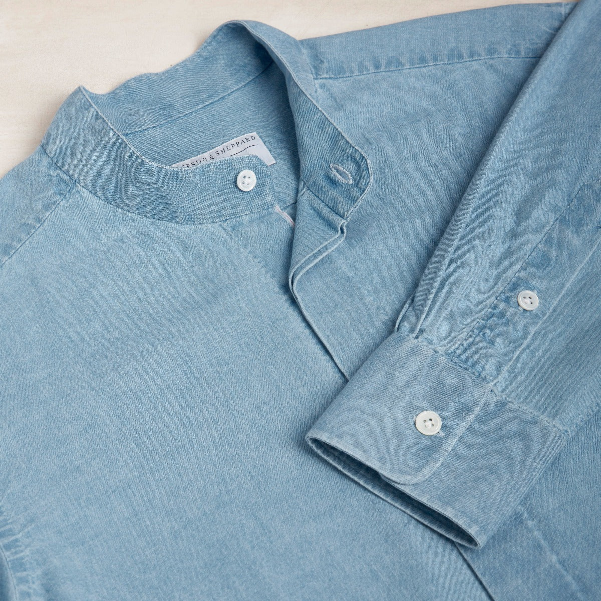 100 Hands For Anderson & Sheppard Handmade Collarless Chambray Shirt In Light Sky - Image 5