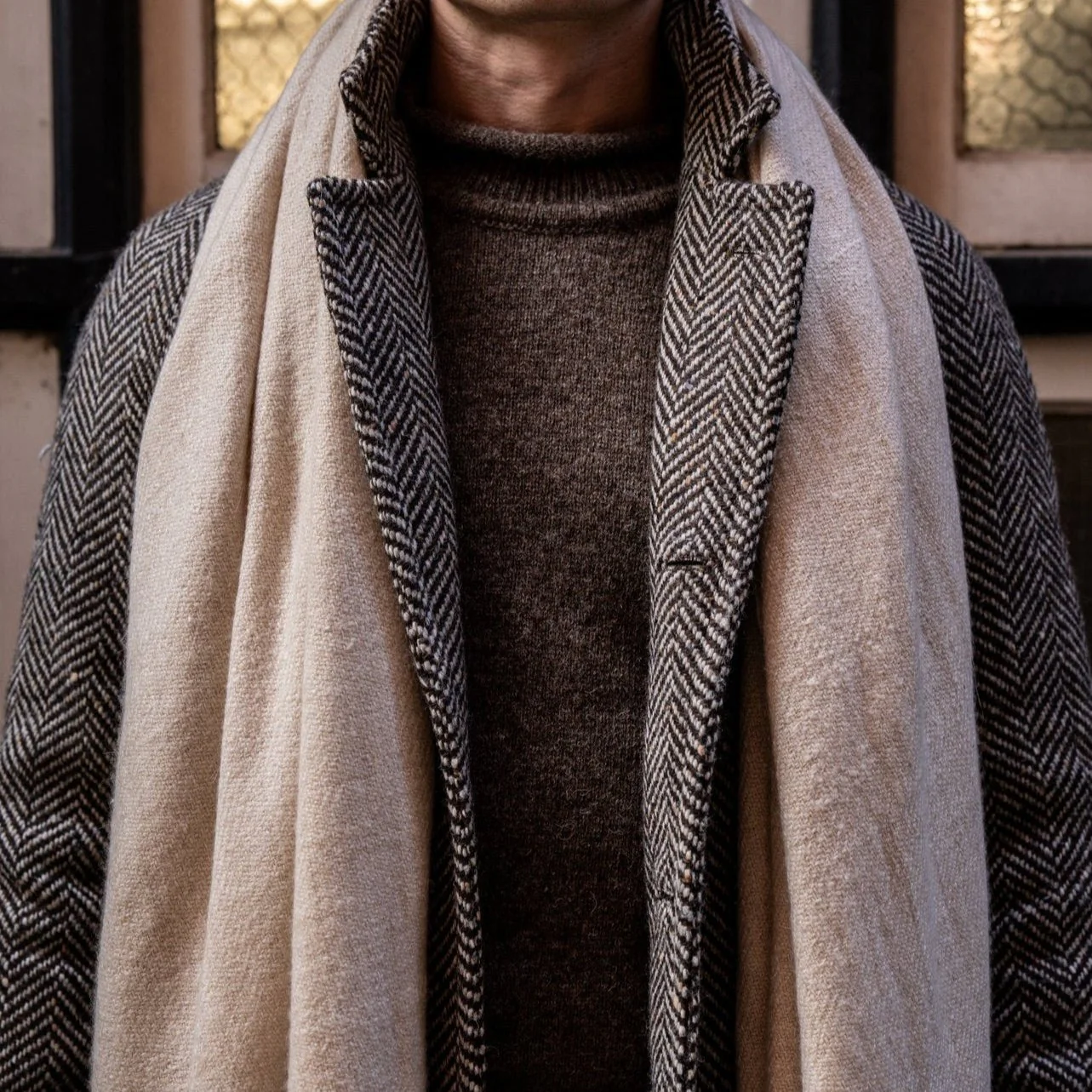 Artisan Woven Herringbone Woollen Overcoat In Brown - Image 2