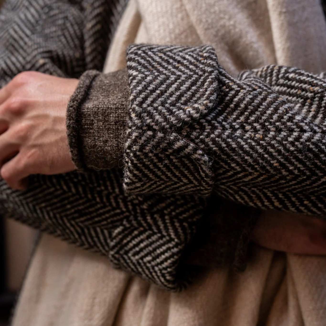 Artisan Woven Herringbone Woollen Overcoat In Brown - Image 3
