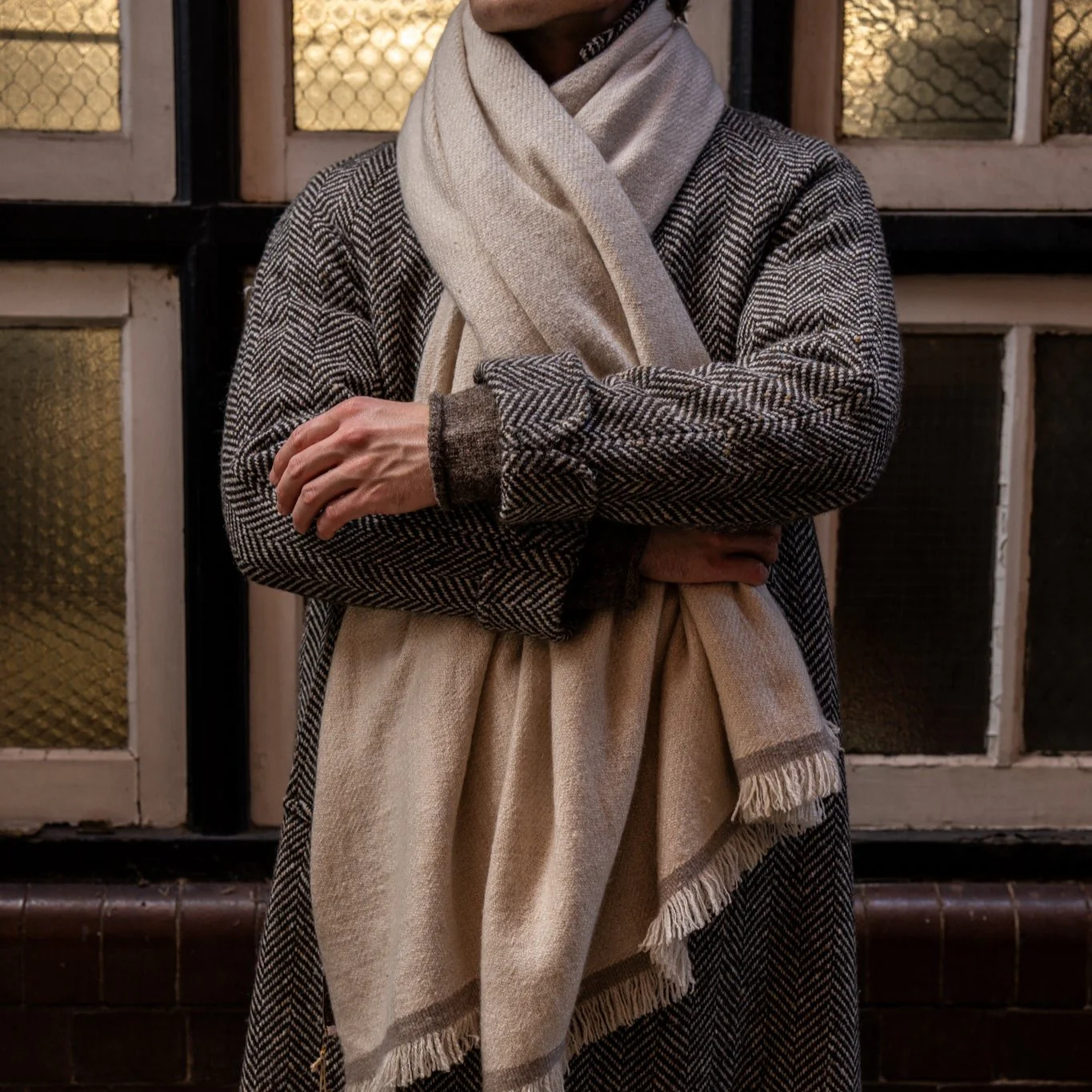 Artisan Woven Herringbone Woollen Overcoat In Brown - Image 4