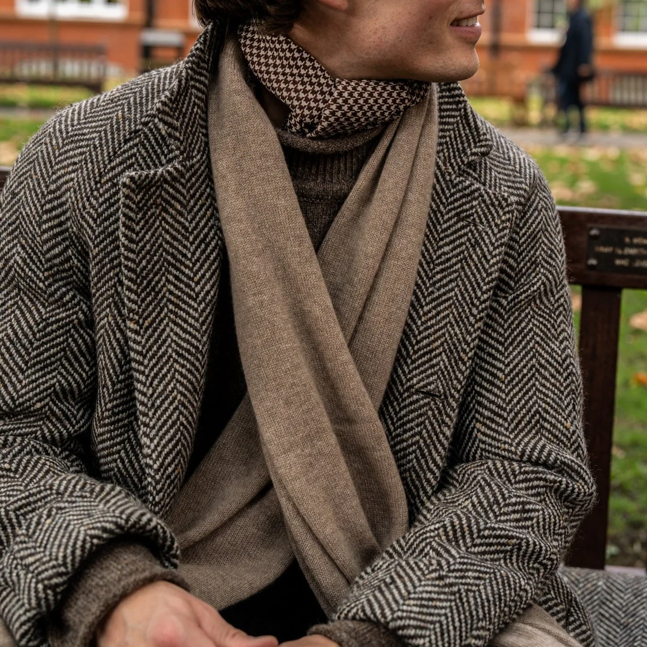 Artisan Woven Herringbone Woollen Overcoat In Brown - Image 5