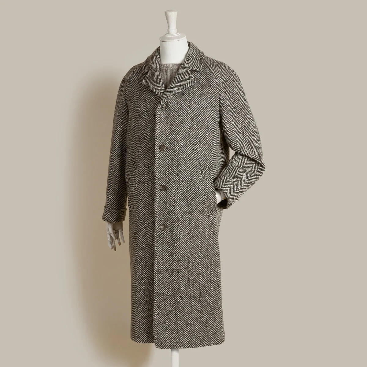 Artisan Woven Herringbone Woollen Overcoat In Brown - Image 6