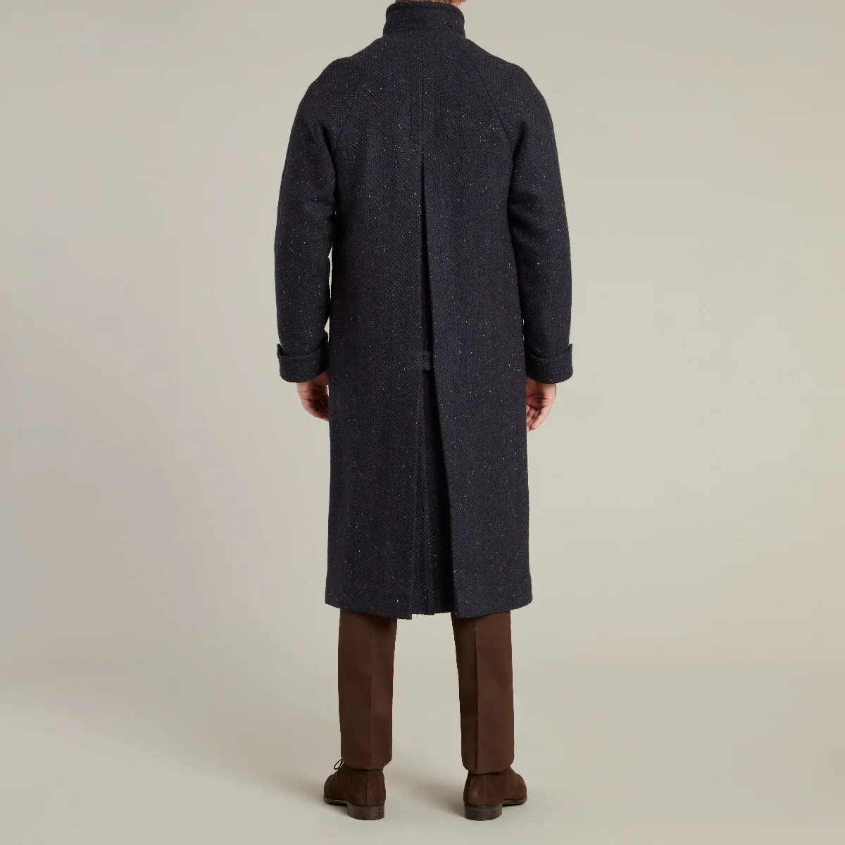 Artisan Woven Herringbone Woollen Overcoat In Navy - Image 10