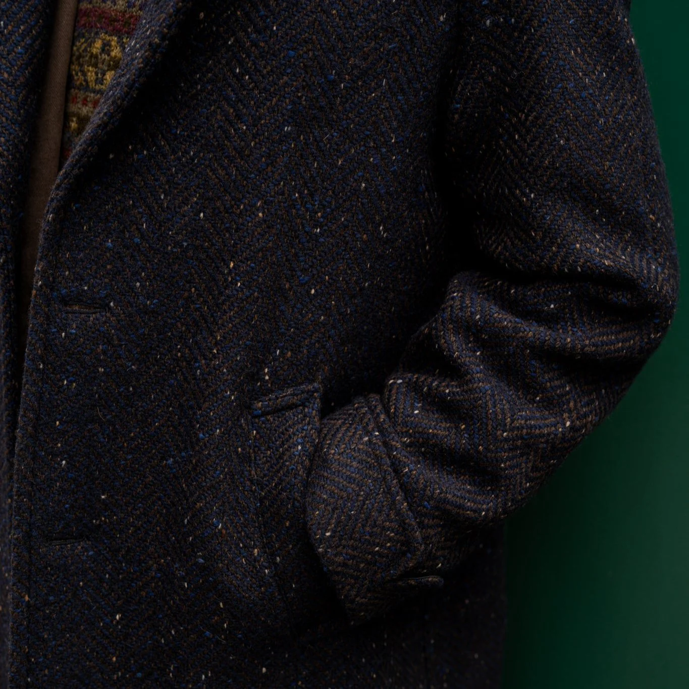Artisan Woven Herringbone Woollen Overcoat In Navy - Image 3