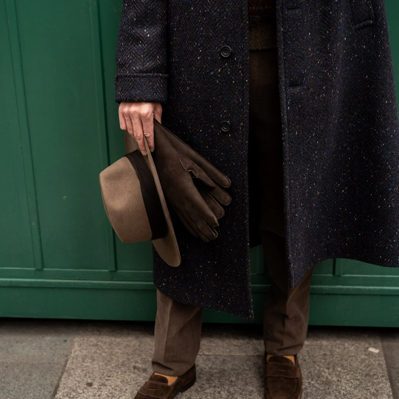 Artisan Woven Herringbone Woollen Overcoat In Navy - Image 5