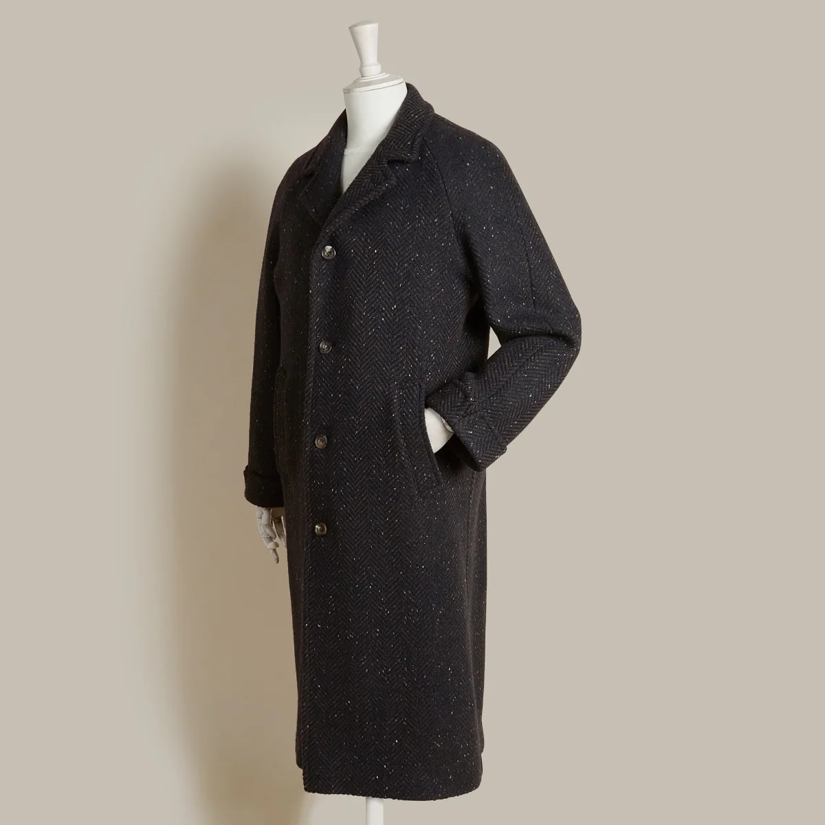 Artisan Woven Herringbone Woollen Overcoat In Navy - Image 6