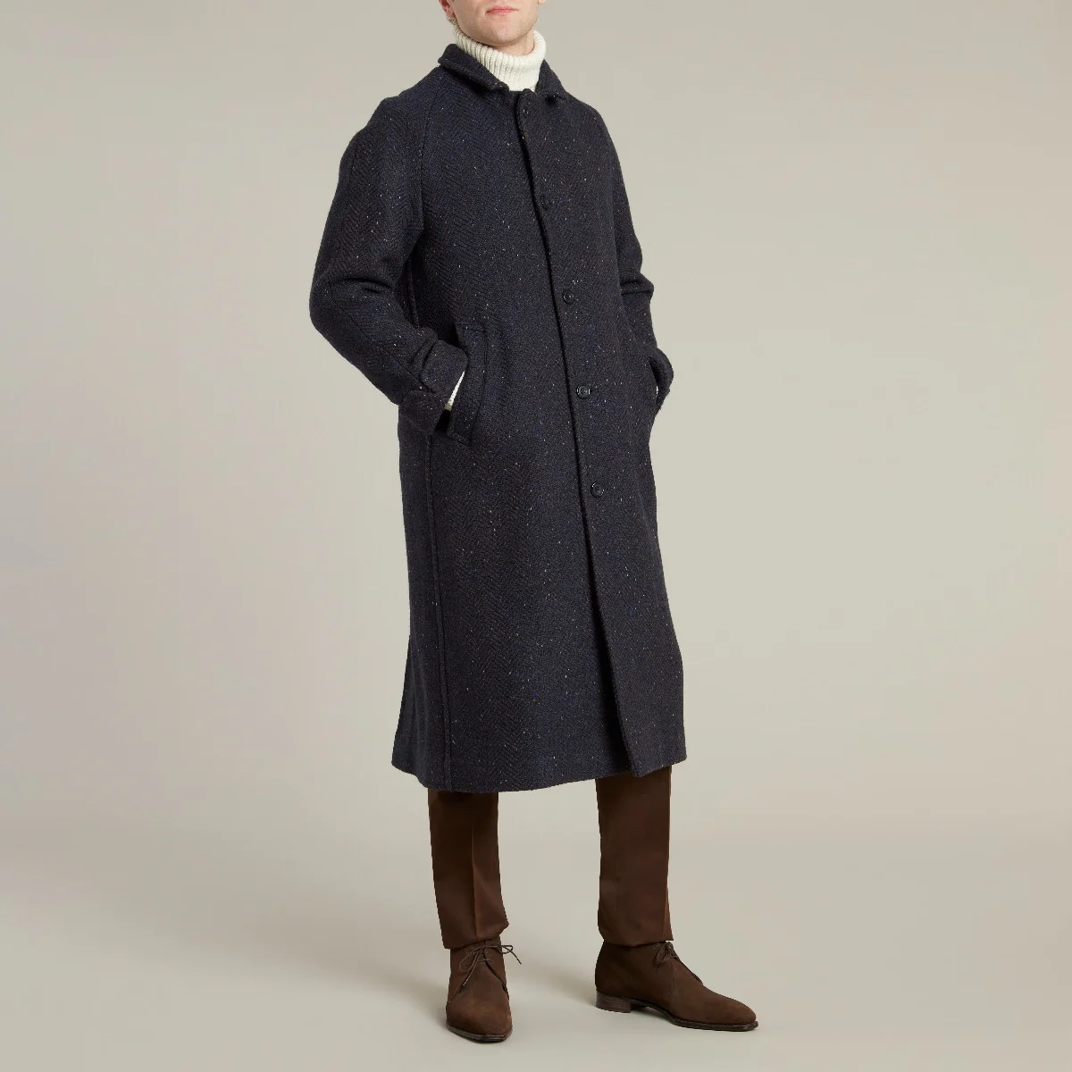 Artisan Woven Herringbone Woollen Overcoat In Navy - Image 8
