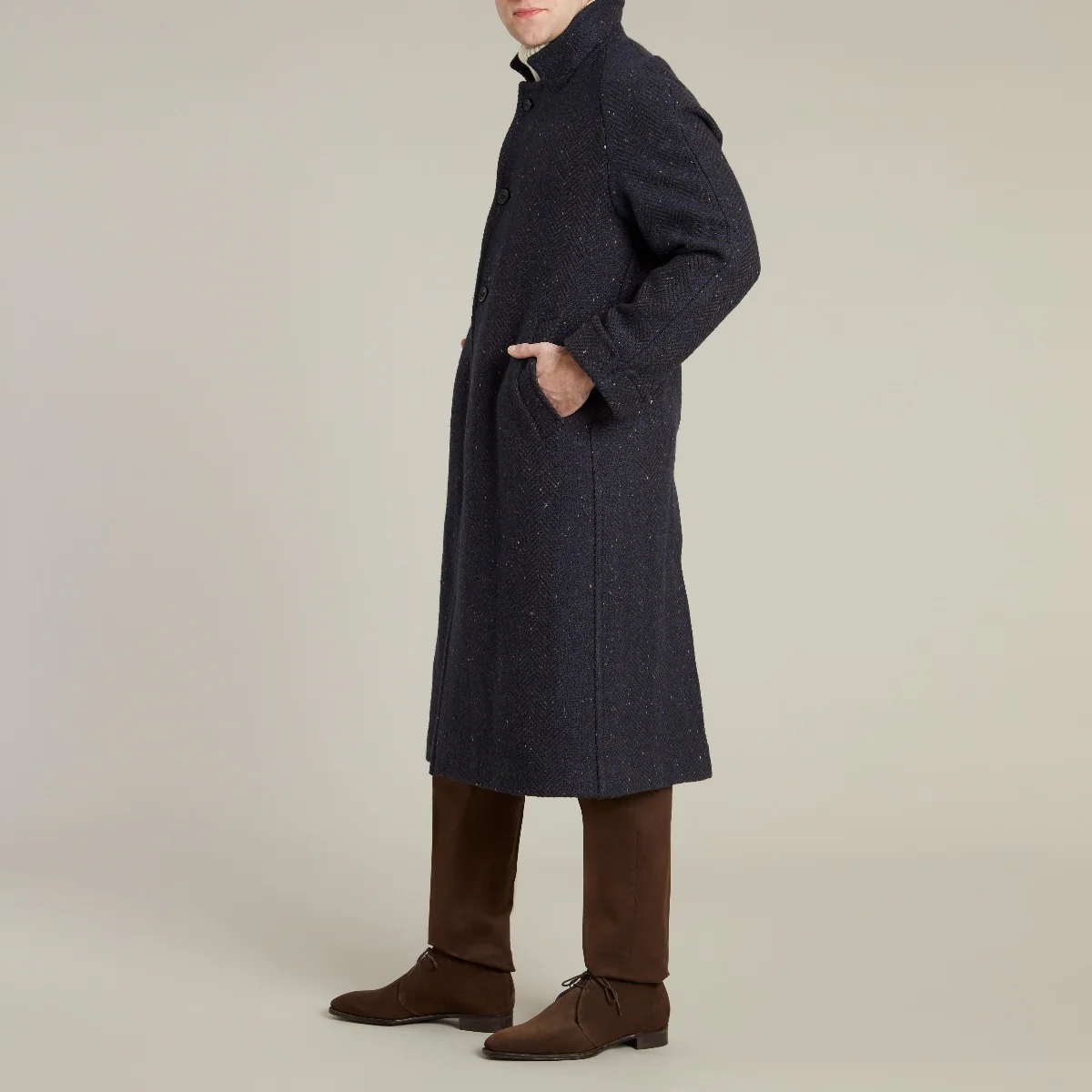 Artisan Woven Herringbone Woollen Overcoat In Navy - Image 9