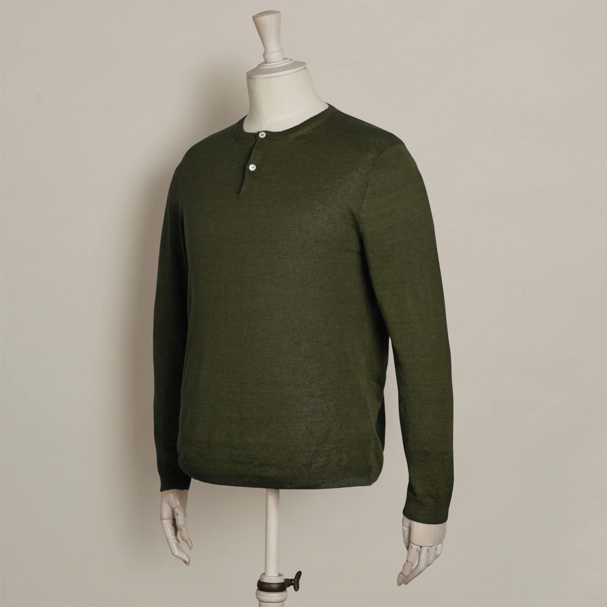 Knitted Linen Henley Shirt in Khaki - Image 2
