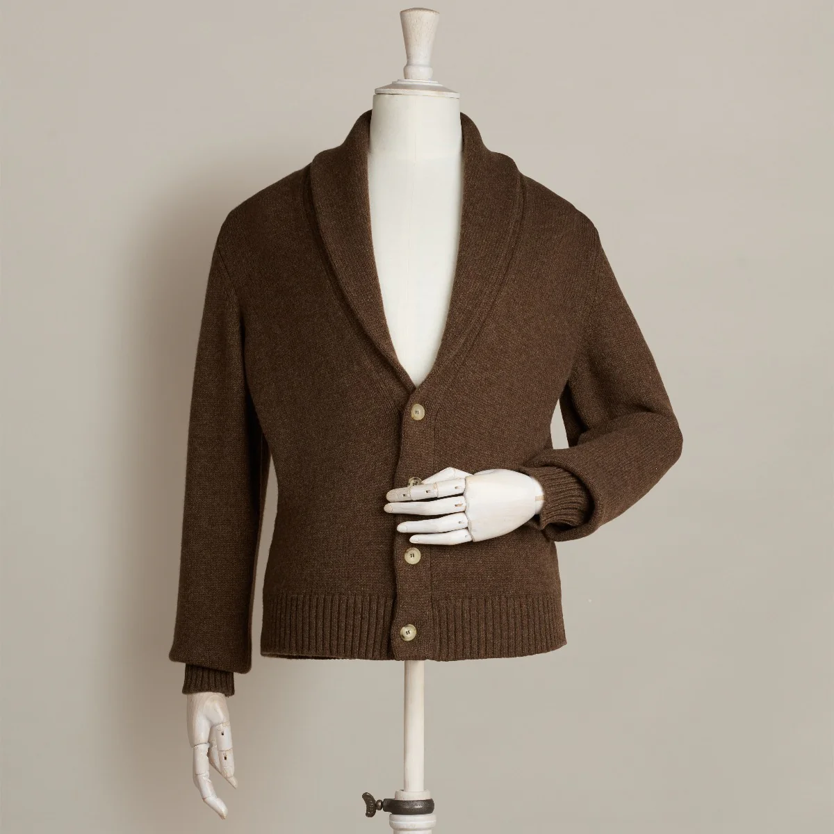 Lambswool Four Button Cardigan With Shawl Collar in Mocha