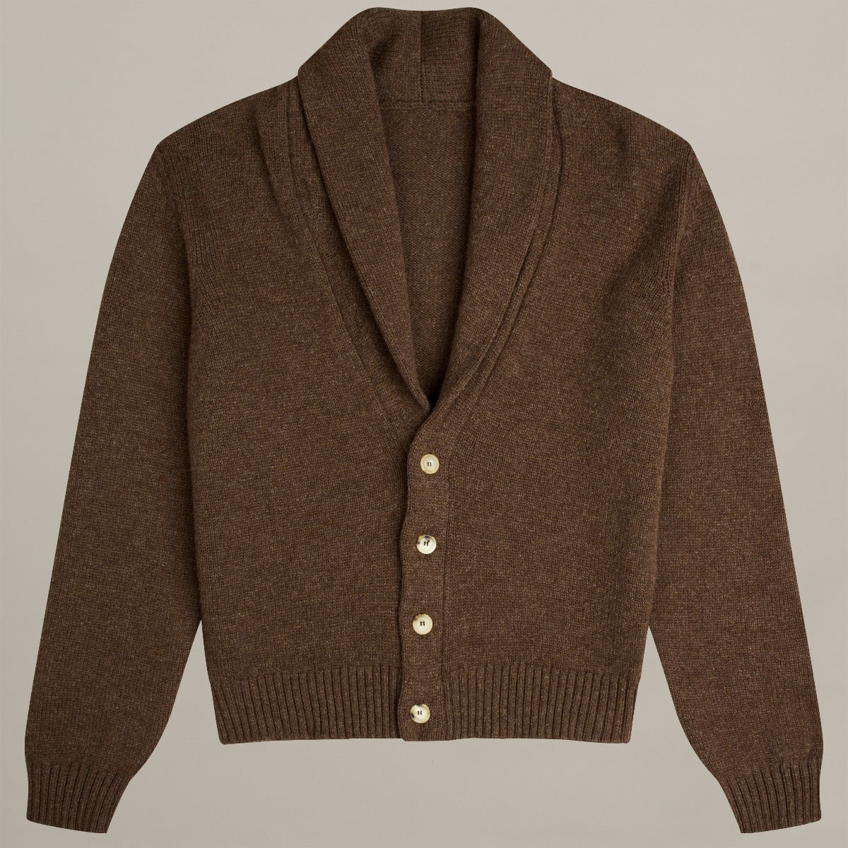 Lambswool Four Button Cardigan With Shawl Collar in Mocha - Image 3